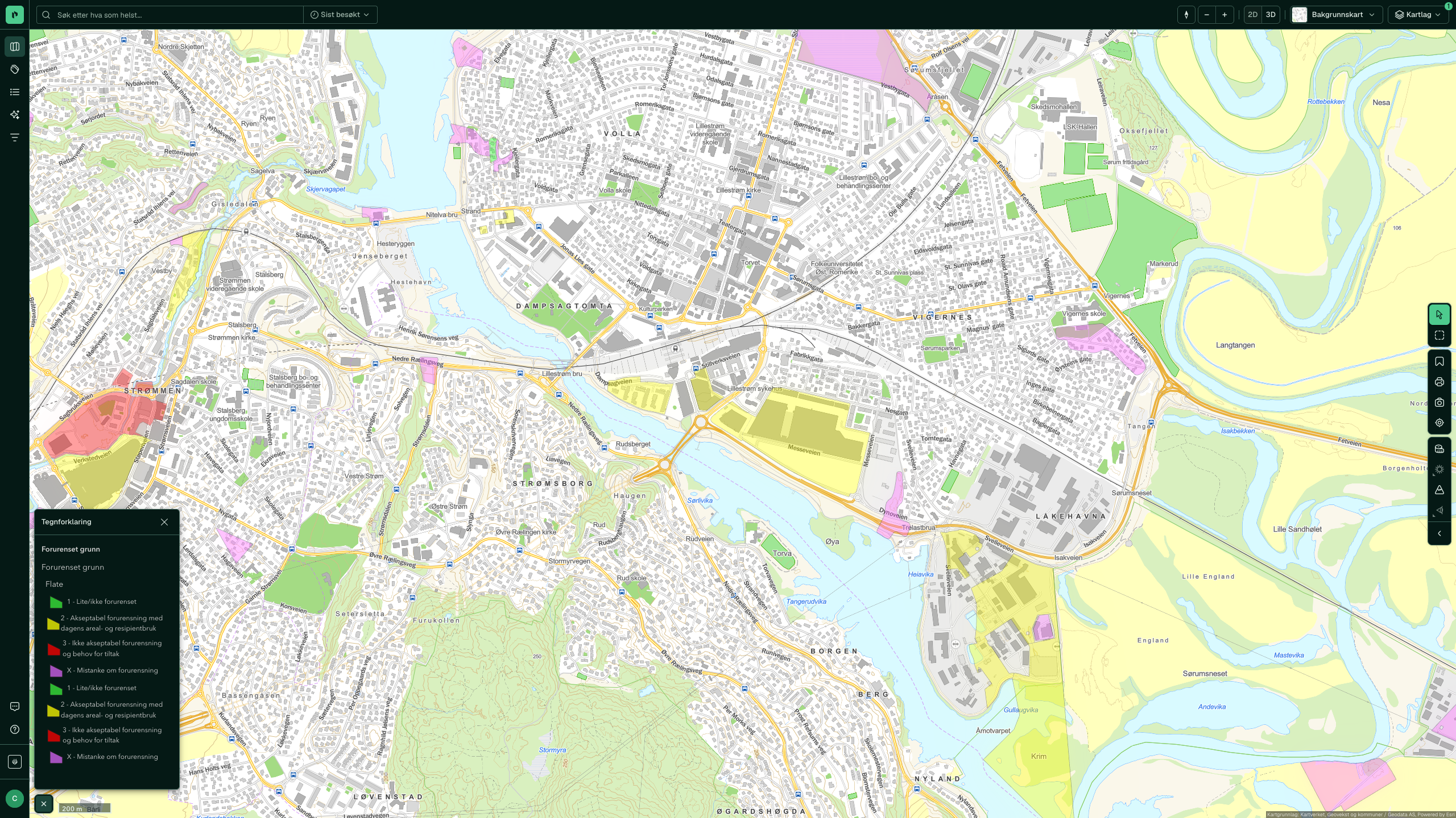 Forurenset grunn rundt Lillestrøm, med en gul lokalitet ved Verkstedveien og en rød ved Strømmen
