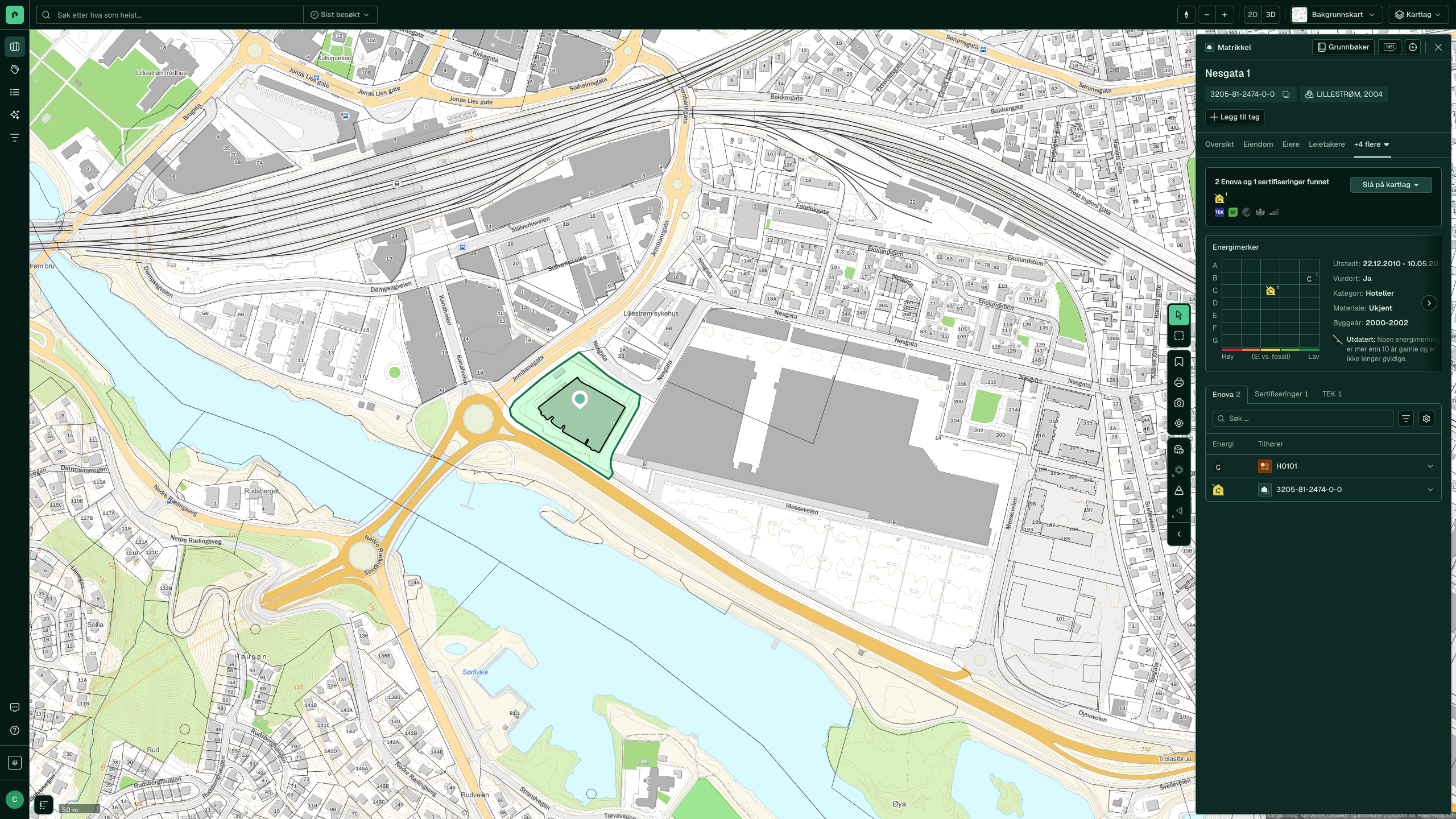 ESG-fanen for Nesgata 1: energikarakter C fra 2010, markert som utdatert, og to Enova-registreringer