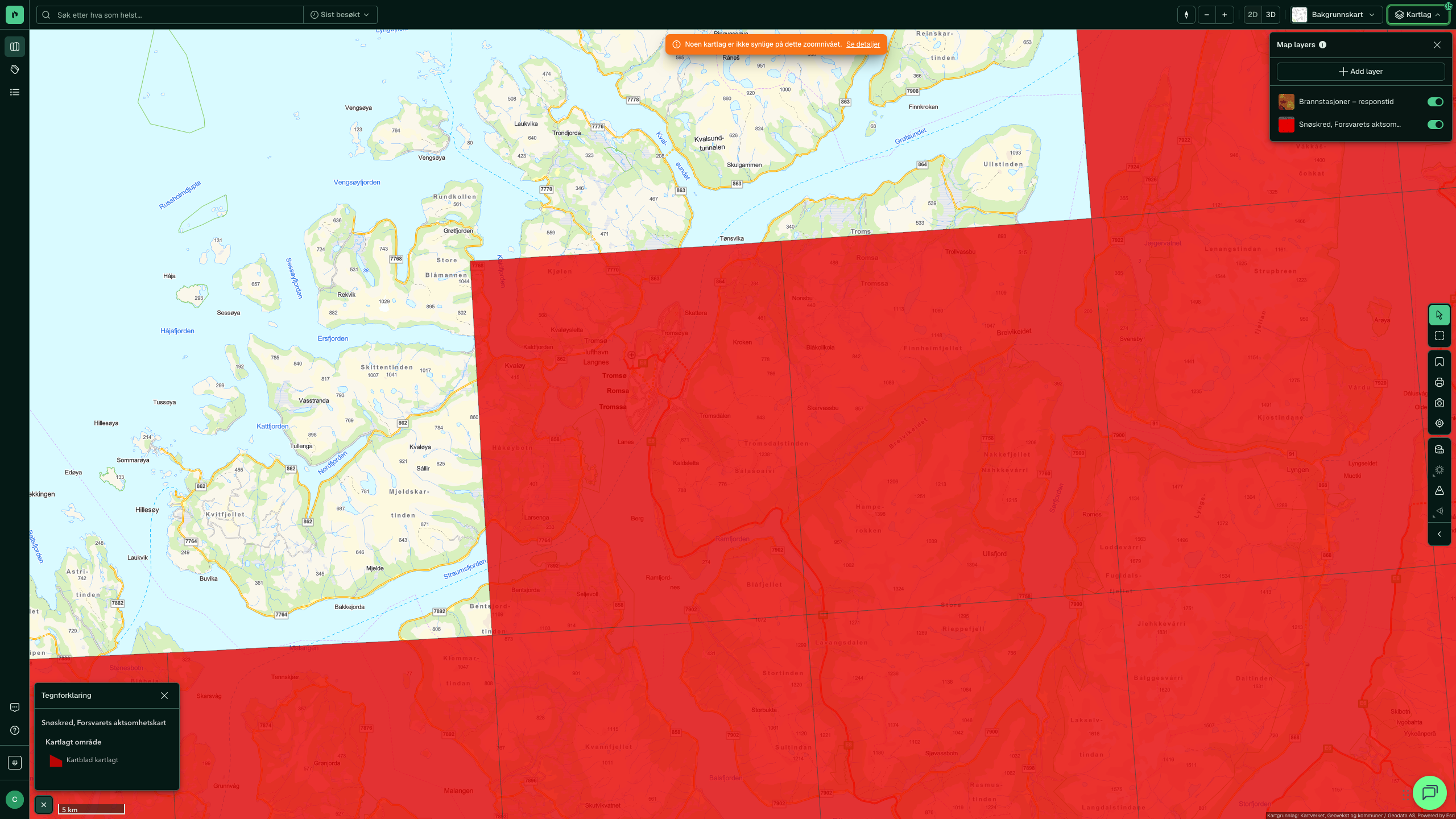 Snøskred, Forsvarets aktsomhetskart i Placepoint