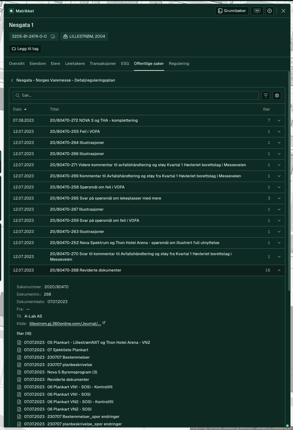 Et dokument felt ut med metadata og de 16 filene sine