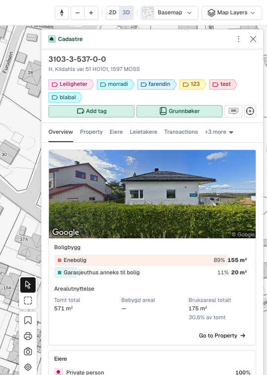 Eiendomspanelet med Add tag-knappen og eksisterende tag-merker