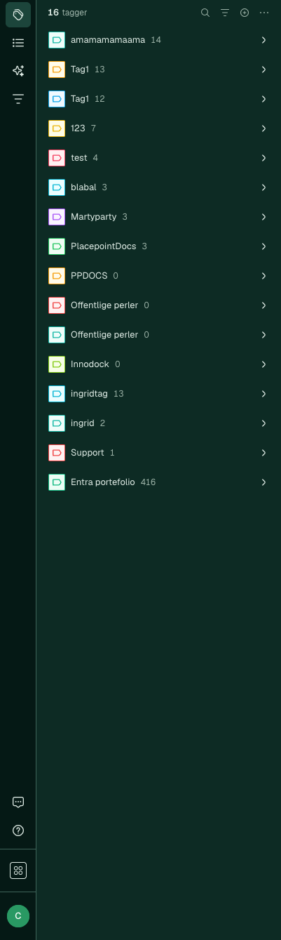 Tagger-panelet med antall tagger, søk, filter, ny tag og én rad per tag