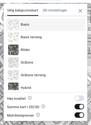 Bakgrunnskartvelgeren åpen med liste over kart og brytere