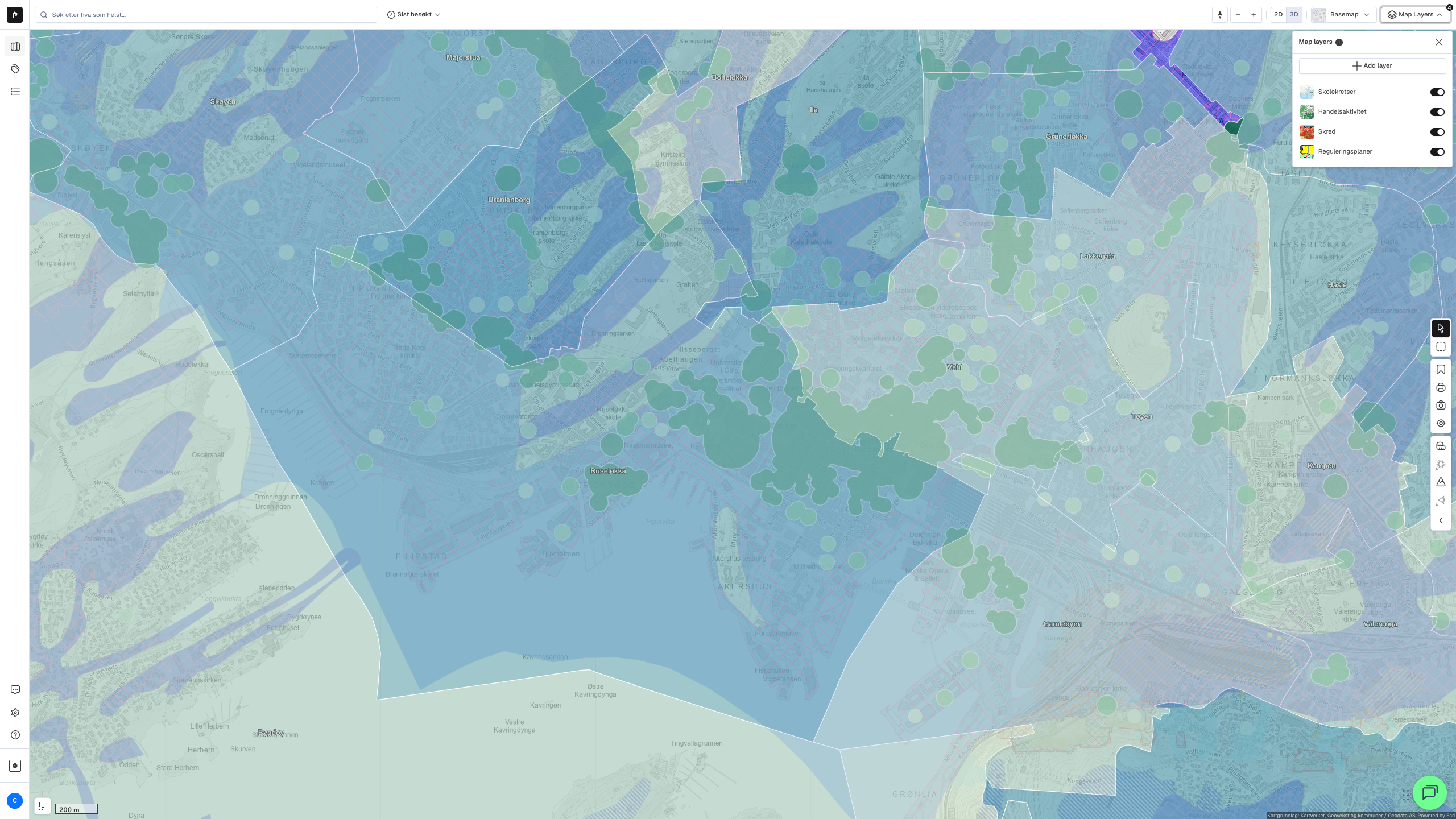 Map Layers-menyen med aktive kartlag