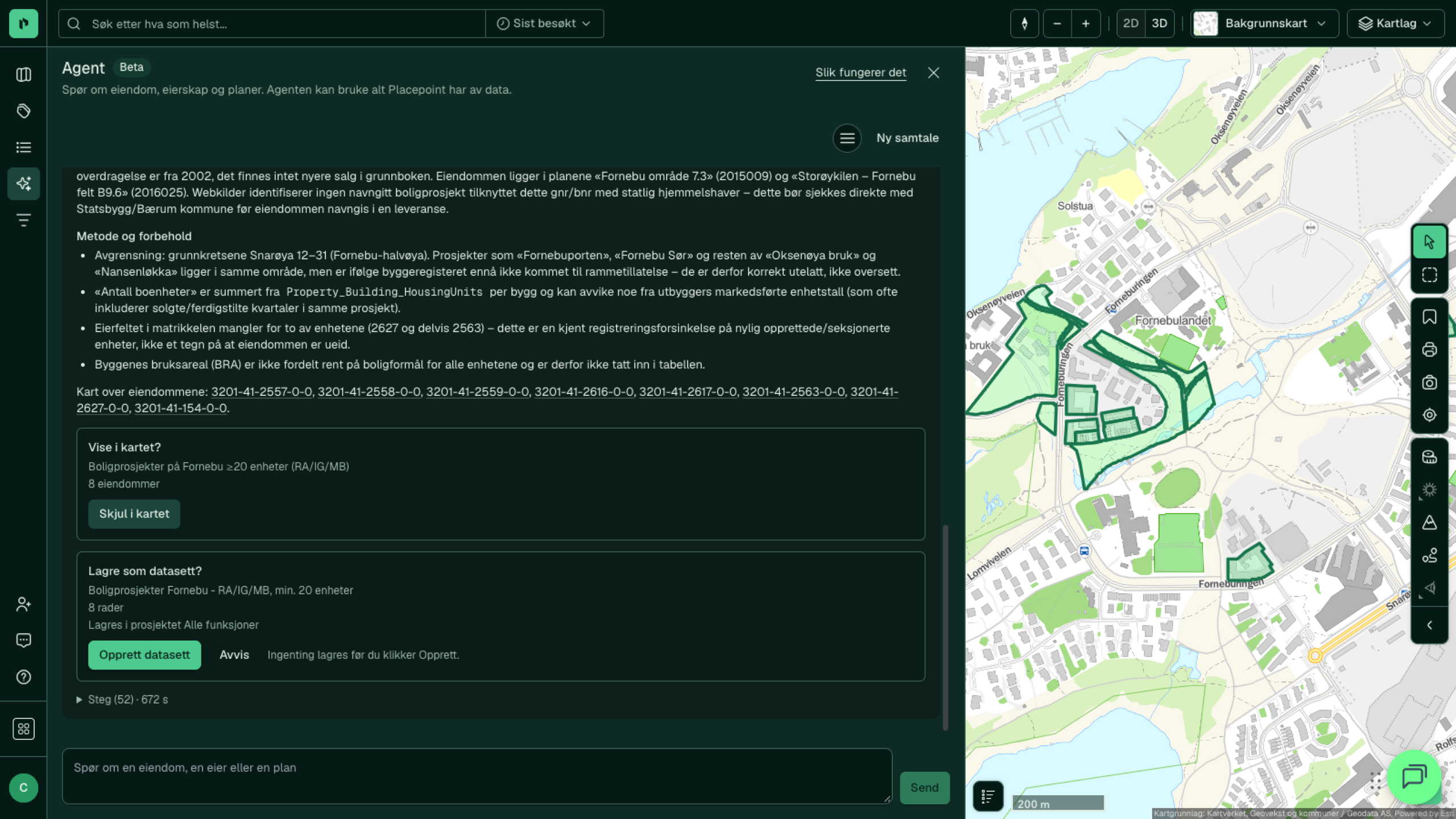 After clicking Show: the eight properties marked on the map of Fornebu