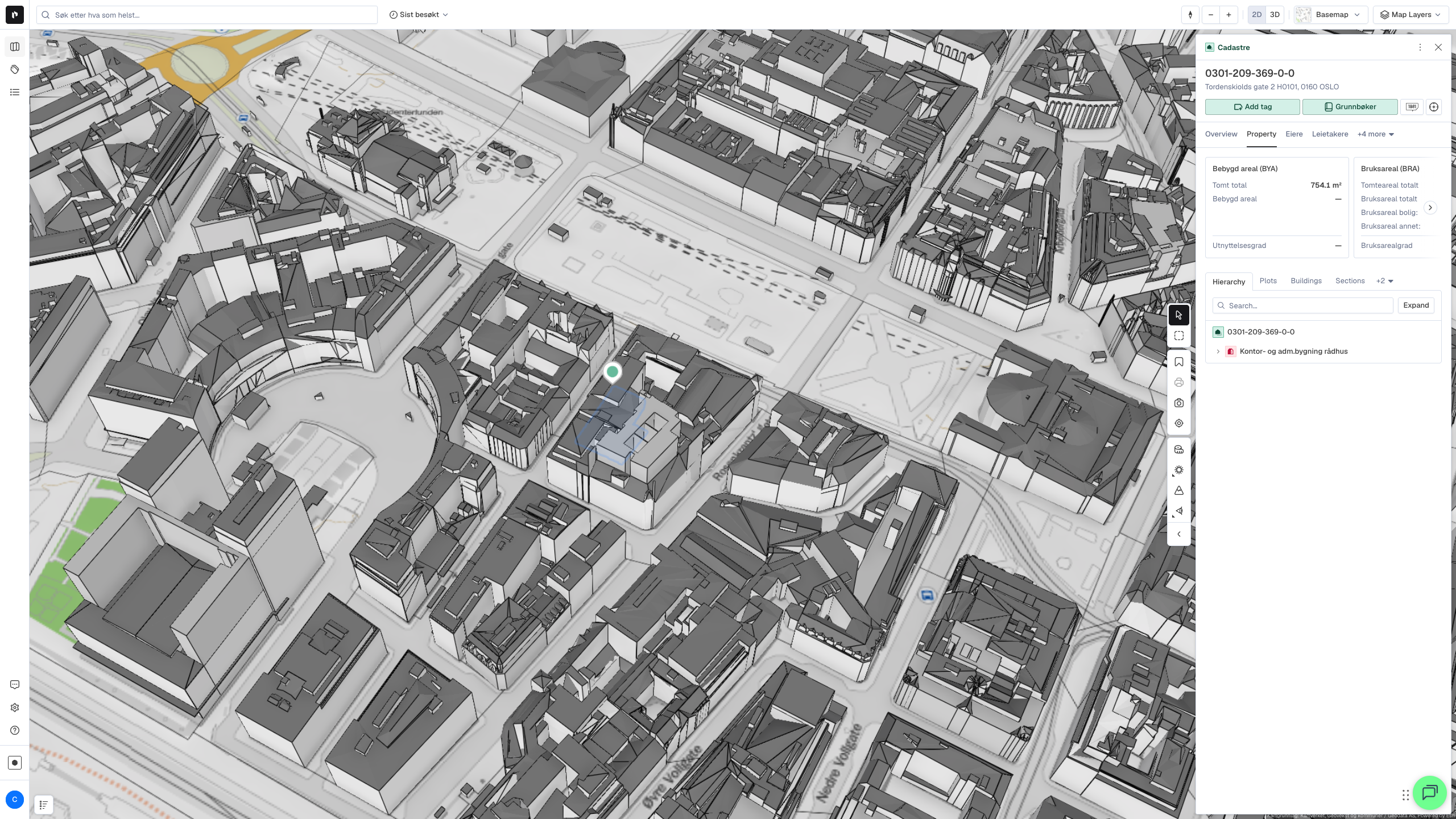 Tordenskiolds gate 2 selected in 3D with the property panel open