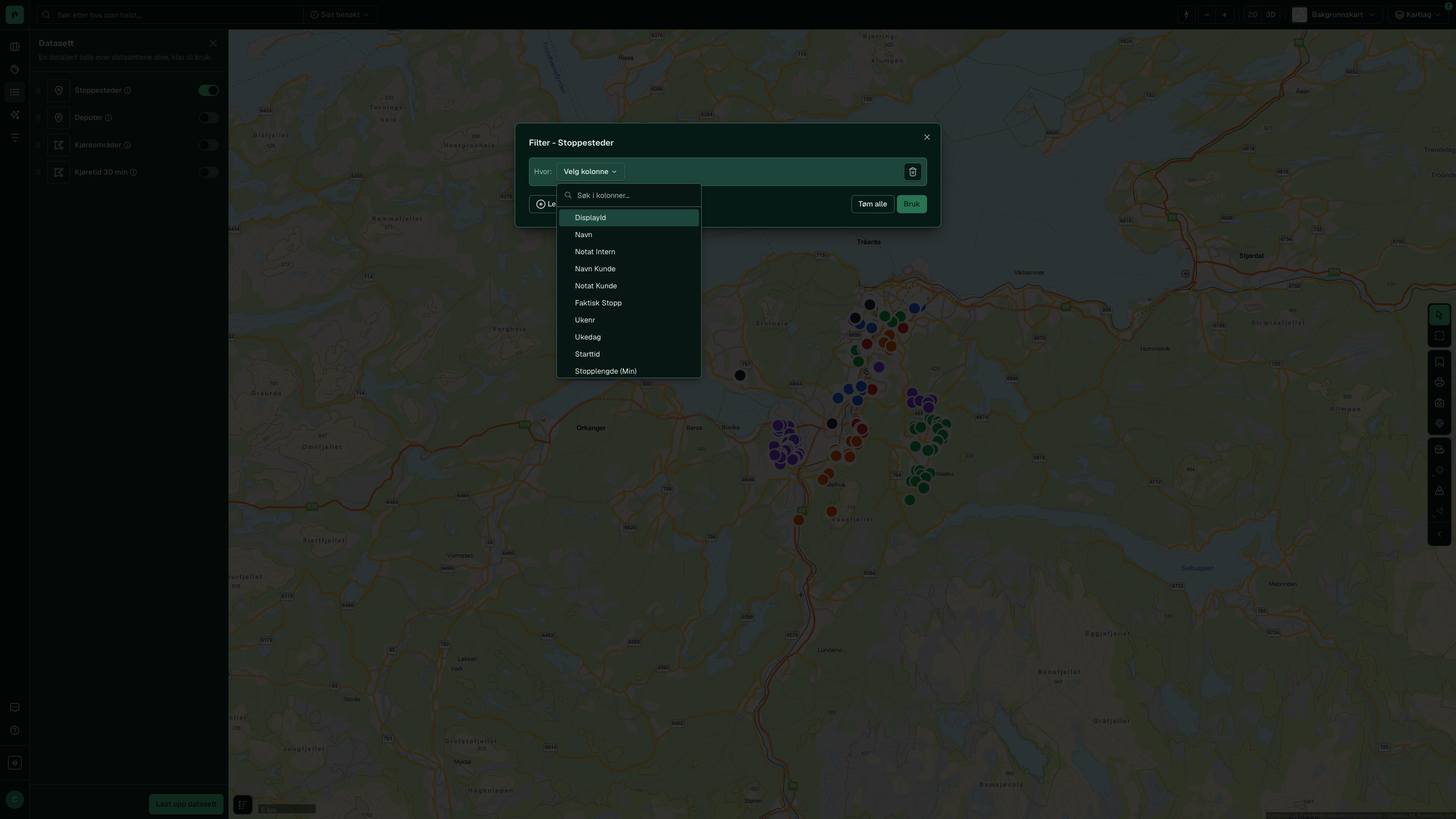 The filter dialogue for Stops with the column picker open