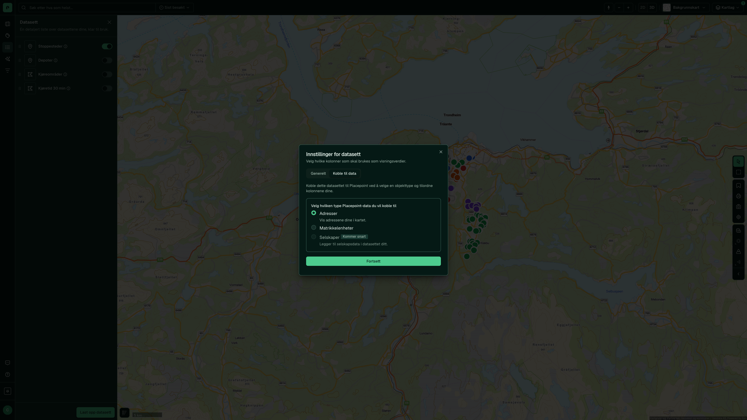 Dataset Settings, the Connect data tab, with a choice between addresses, matrikkelenheter and companies