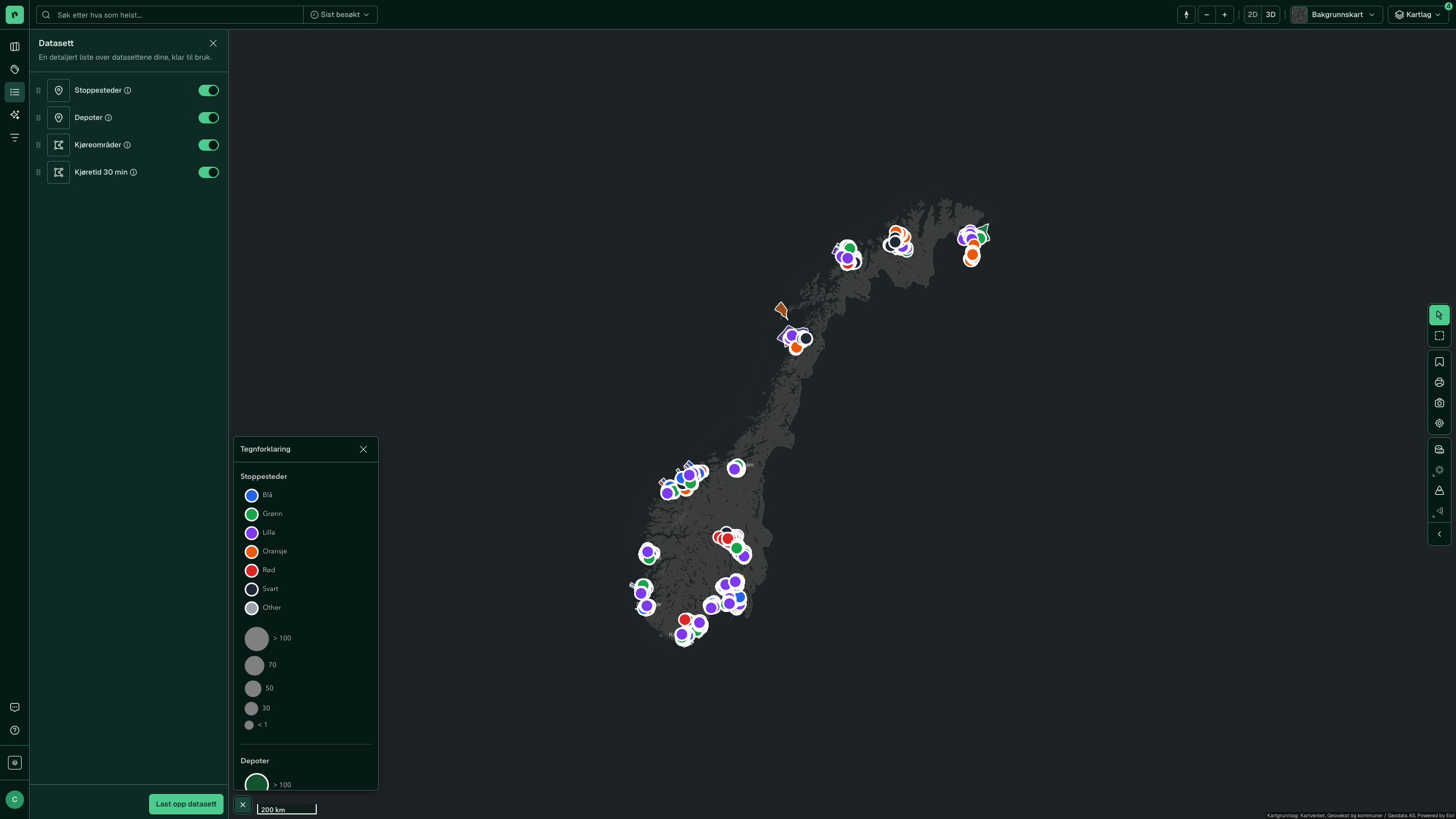 Four datasets from Placepoint Levering AS on the map, with stops coloured by route in 22 cities