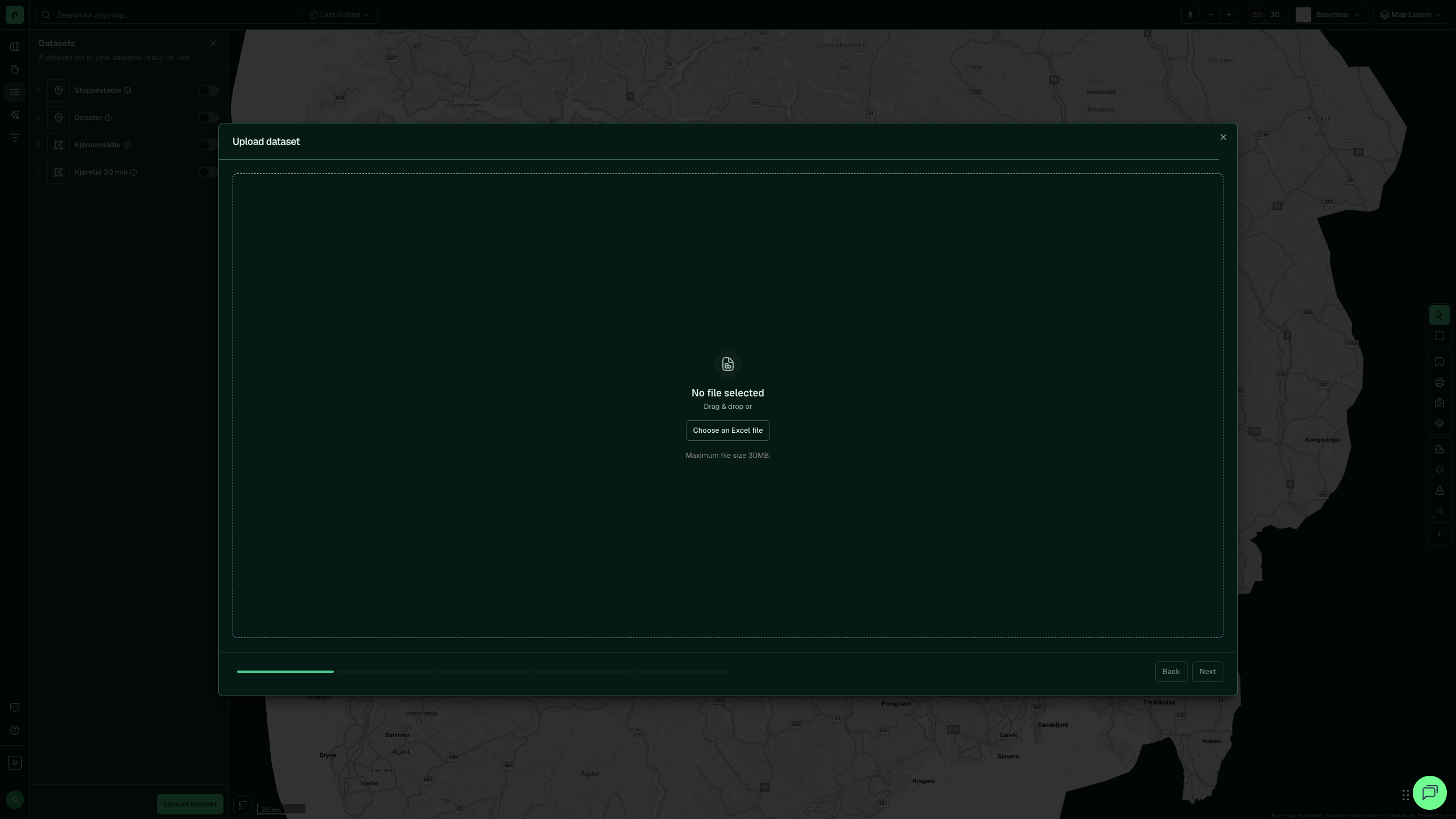 The dataset upload dialogue with a drag-and-drop field