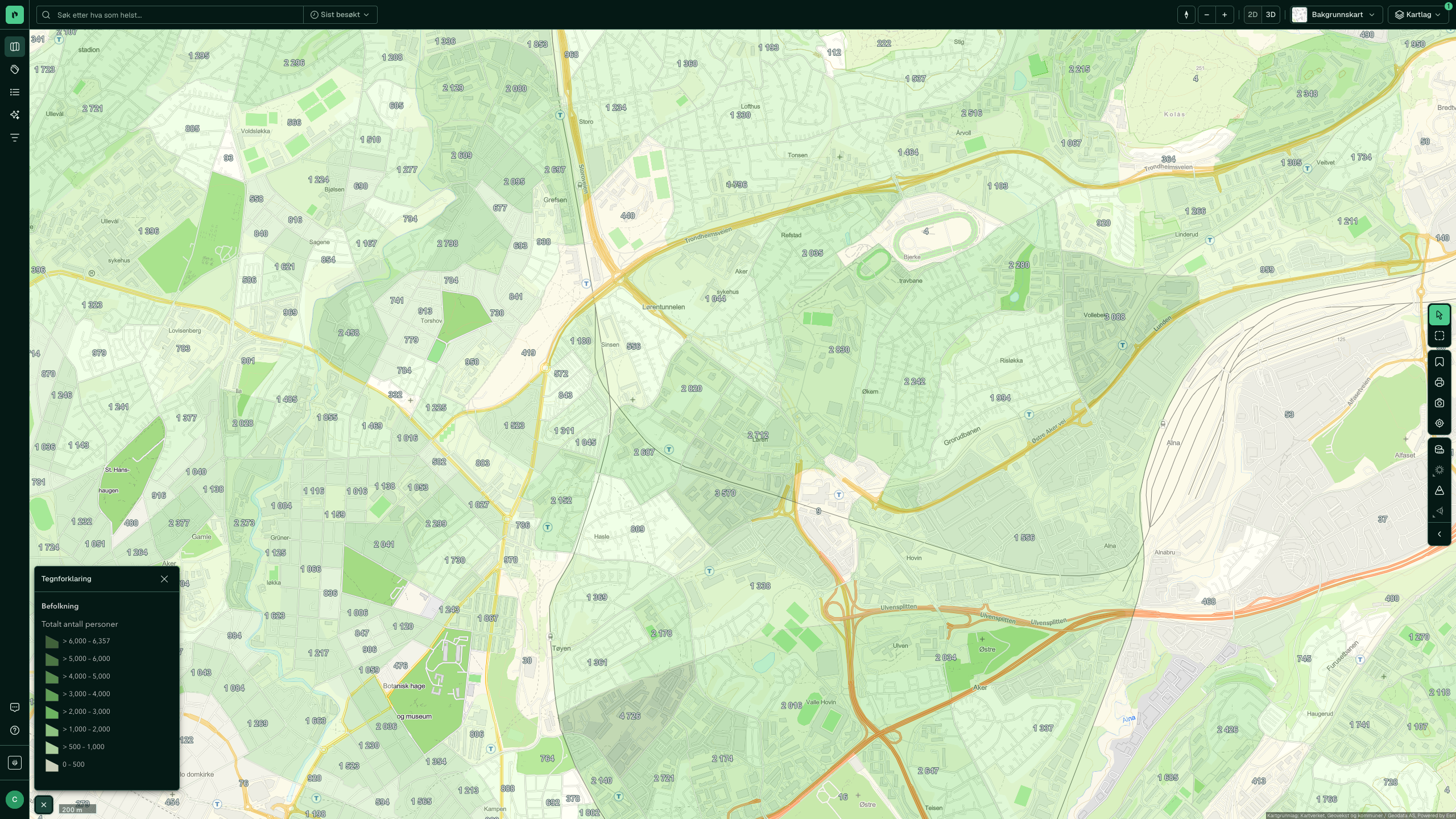 Population per grunnkrets around Løren in Oslo, with legend