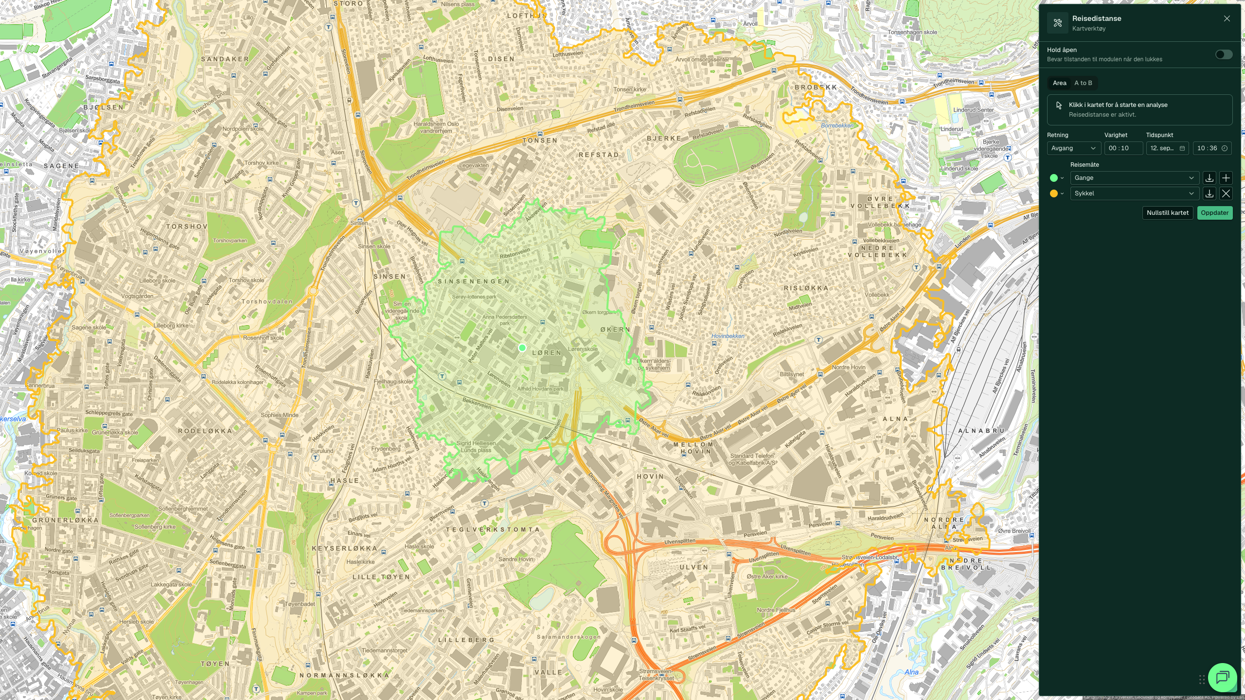 Ten minutes from Lørenvangen 22 in Oslo: the walking isochrone in green around Løren, the cycling isochrone in yellow from Sandaker to Alna