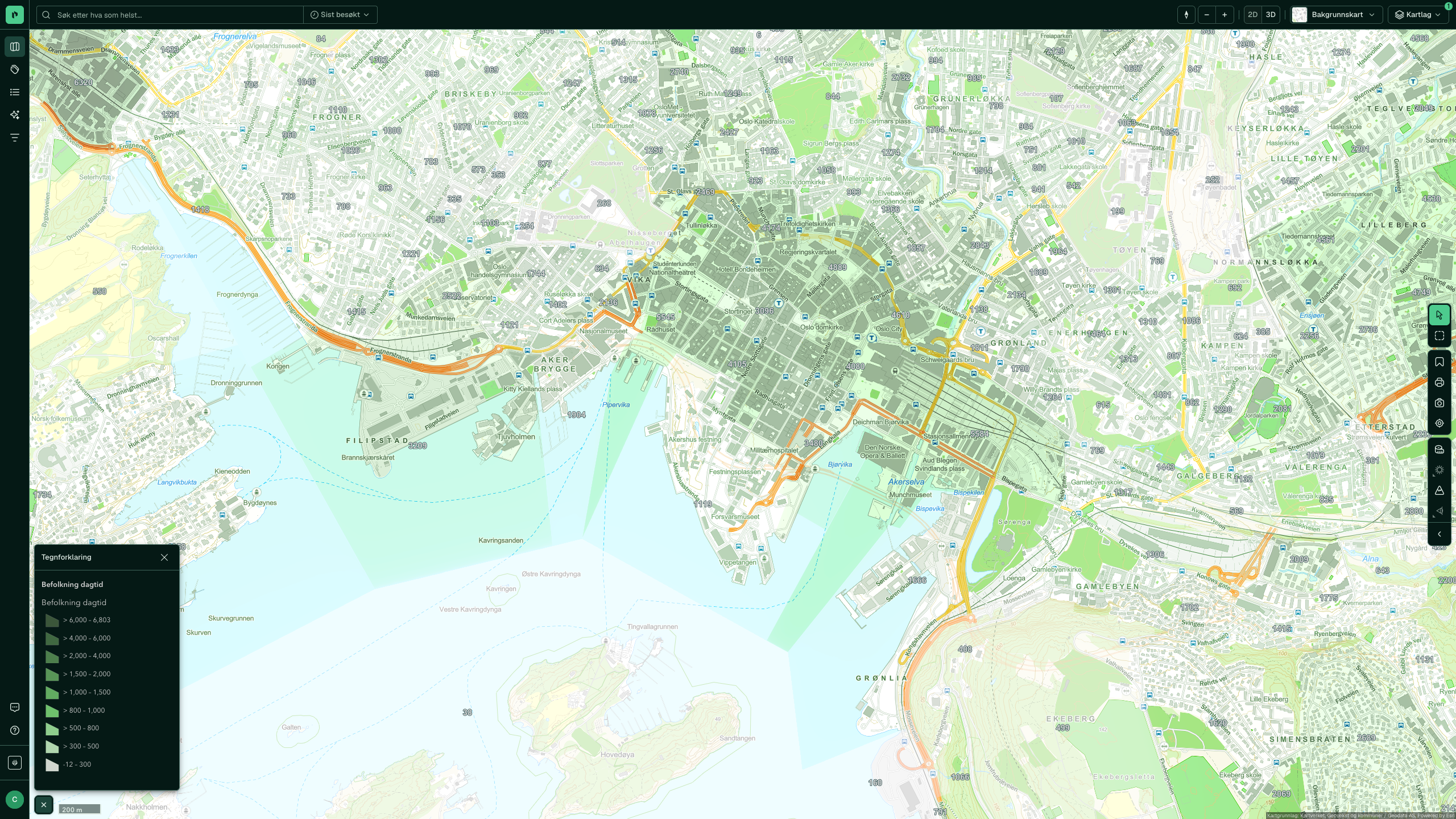 Daytime population per grunnkrets across Oslo, with the city centre as the densest area