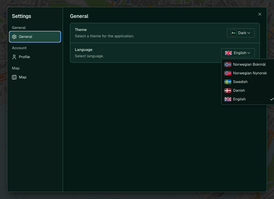 The language option in the General tab