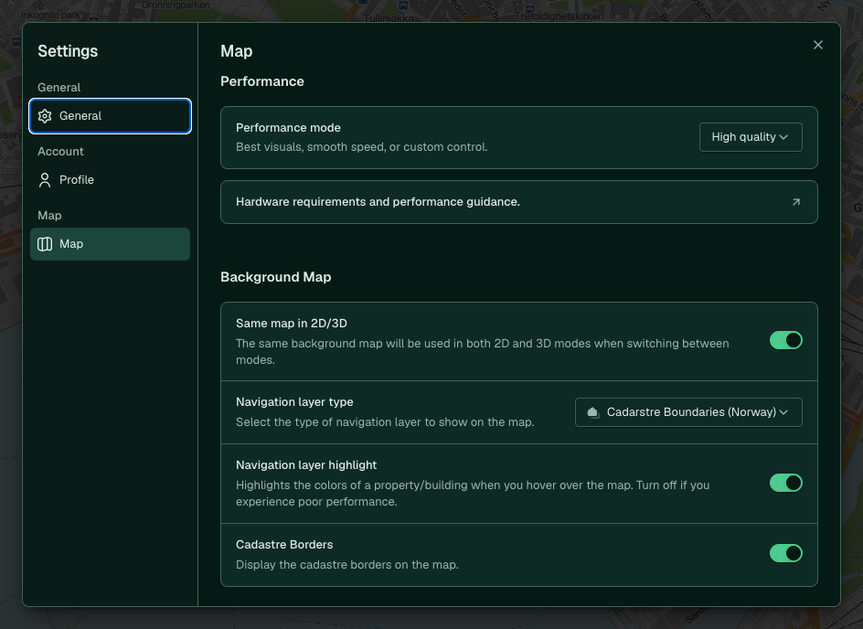 Map tab in Settings