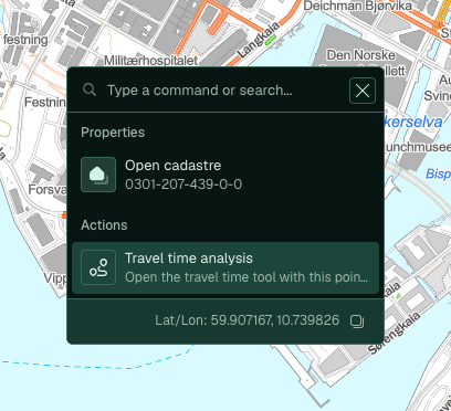 The right-click menu on the map, with the property under the pointer and Travel time analysis