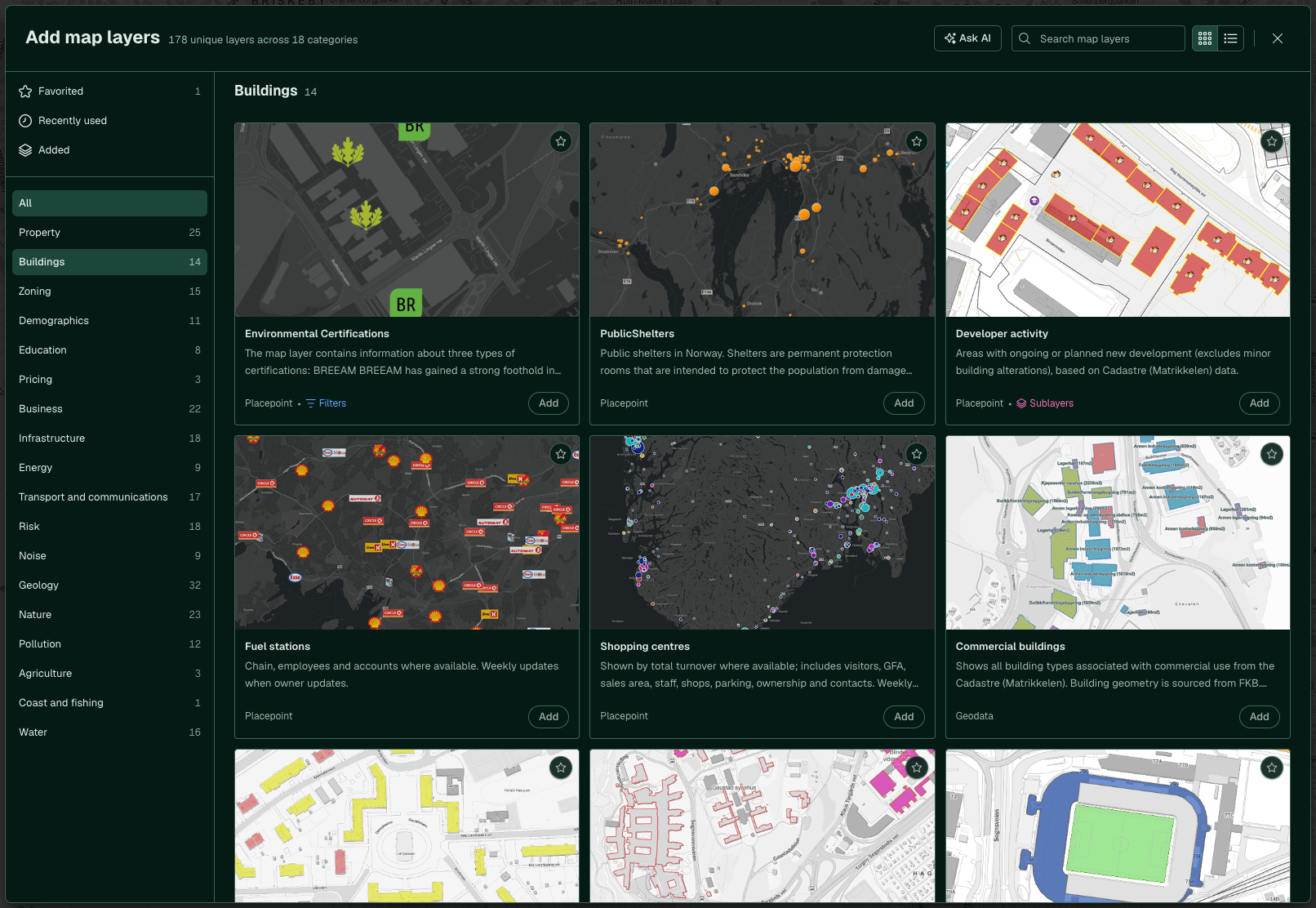 The Buildings category open with the sublayer list