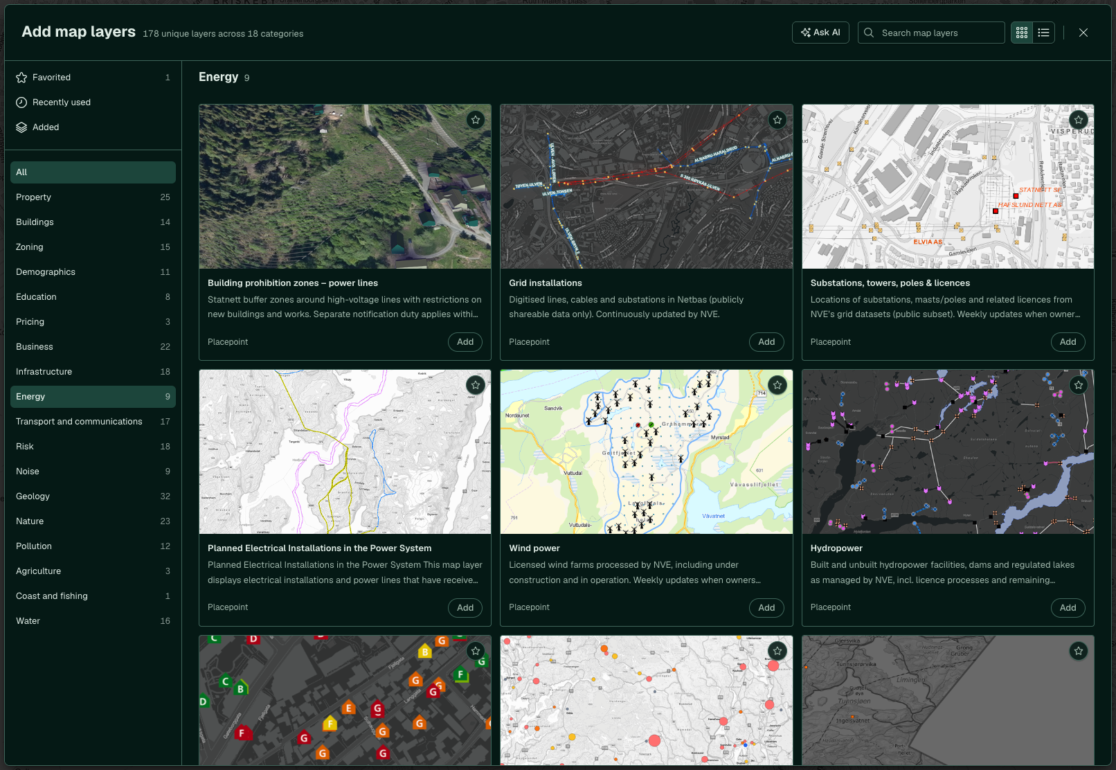 The Energy category with the power grid and energy labelling