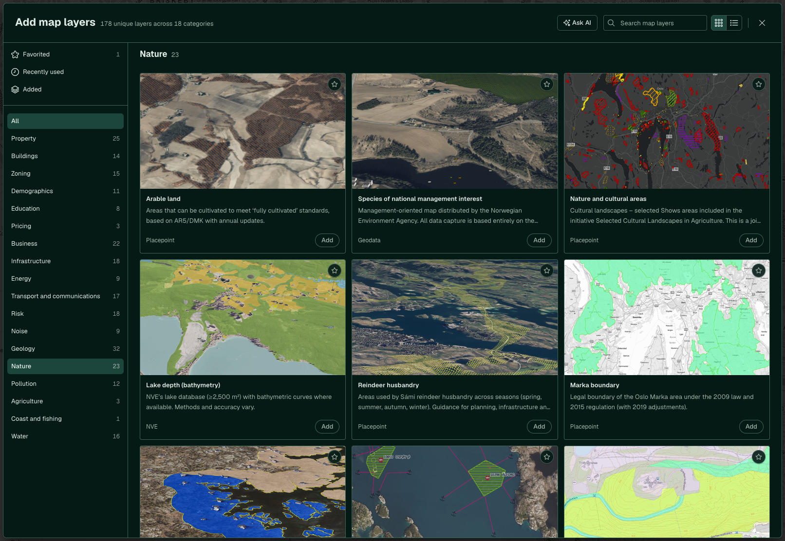 The Nature category with protected areas and habitat types