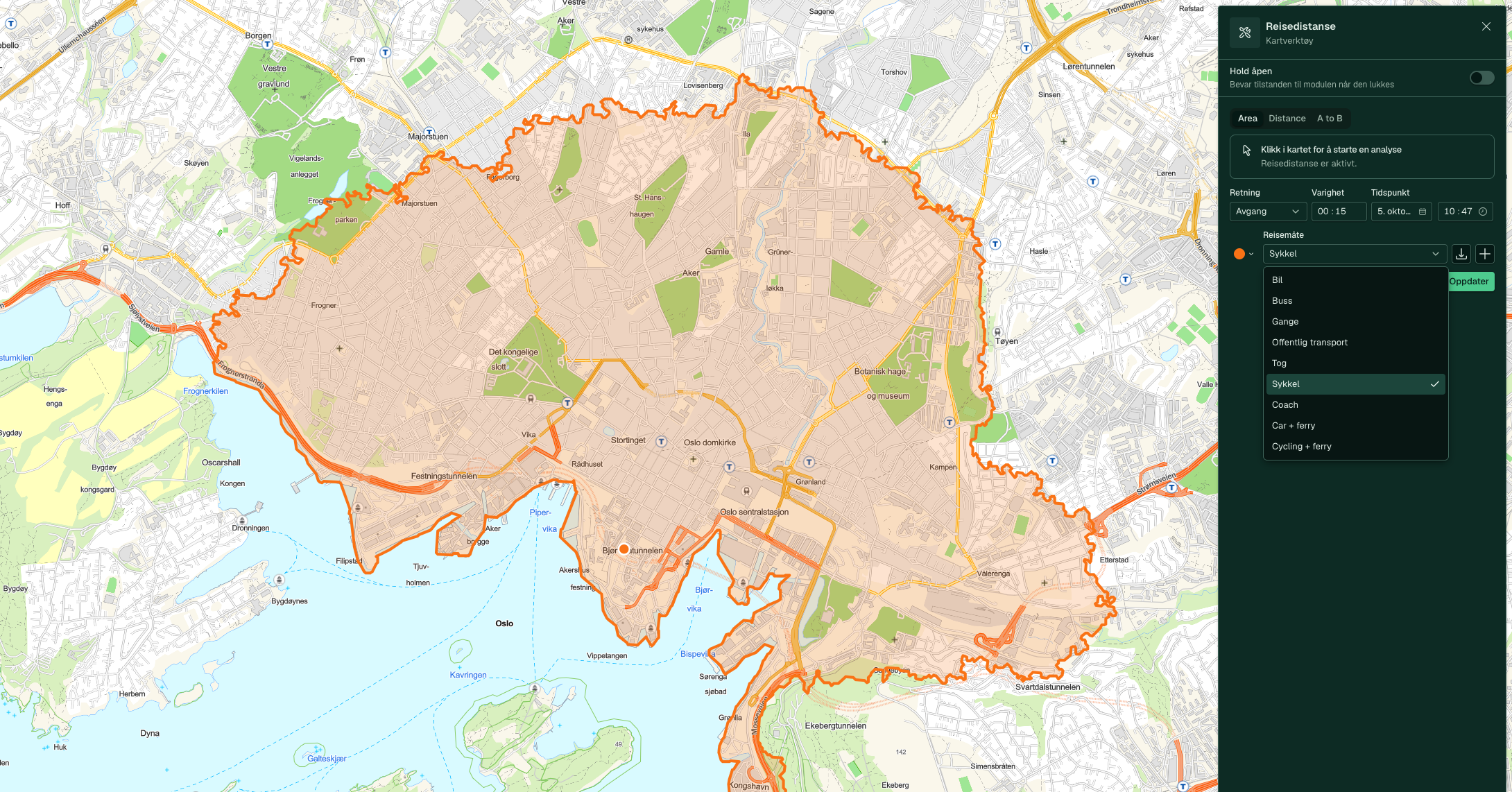 The travel mode list open, with an orange 15-minute cycling isochrone on the map