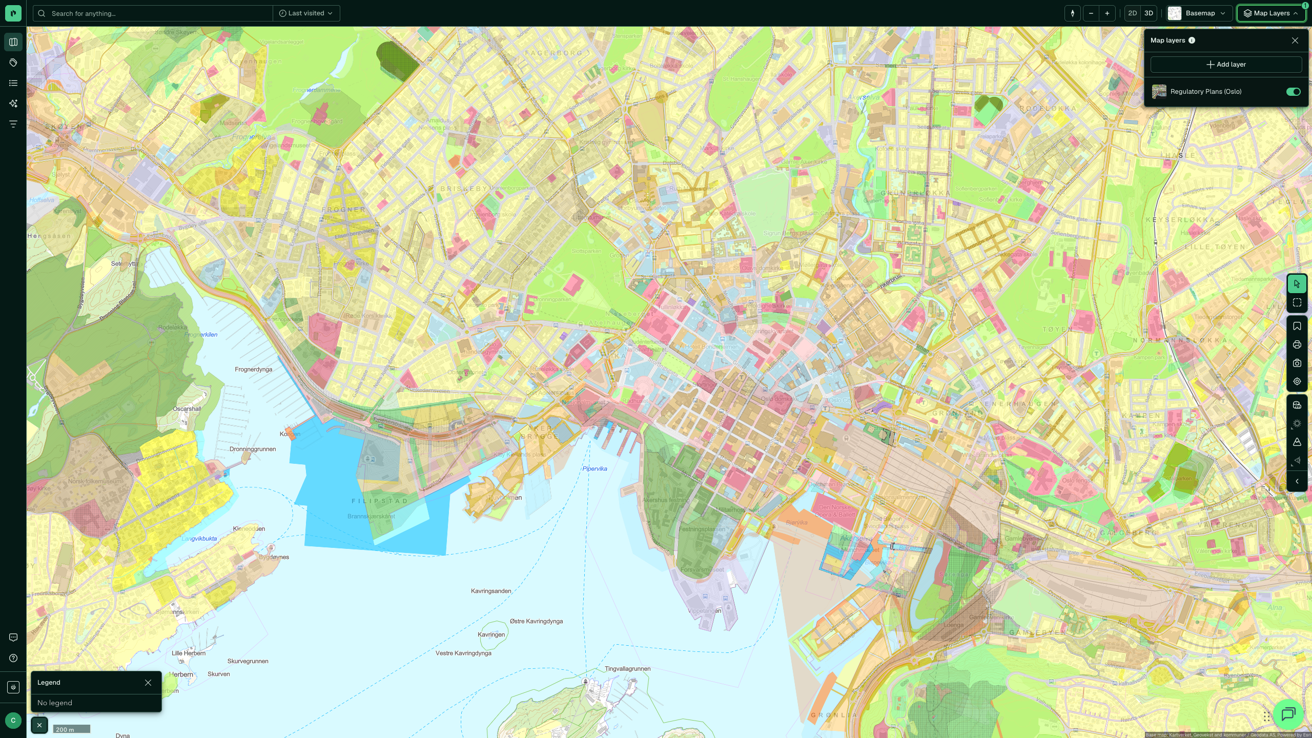 The Regulatory Plans (Oslo) map layer enabled, with the area purposes used by Plan- og bygningsetaten