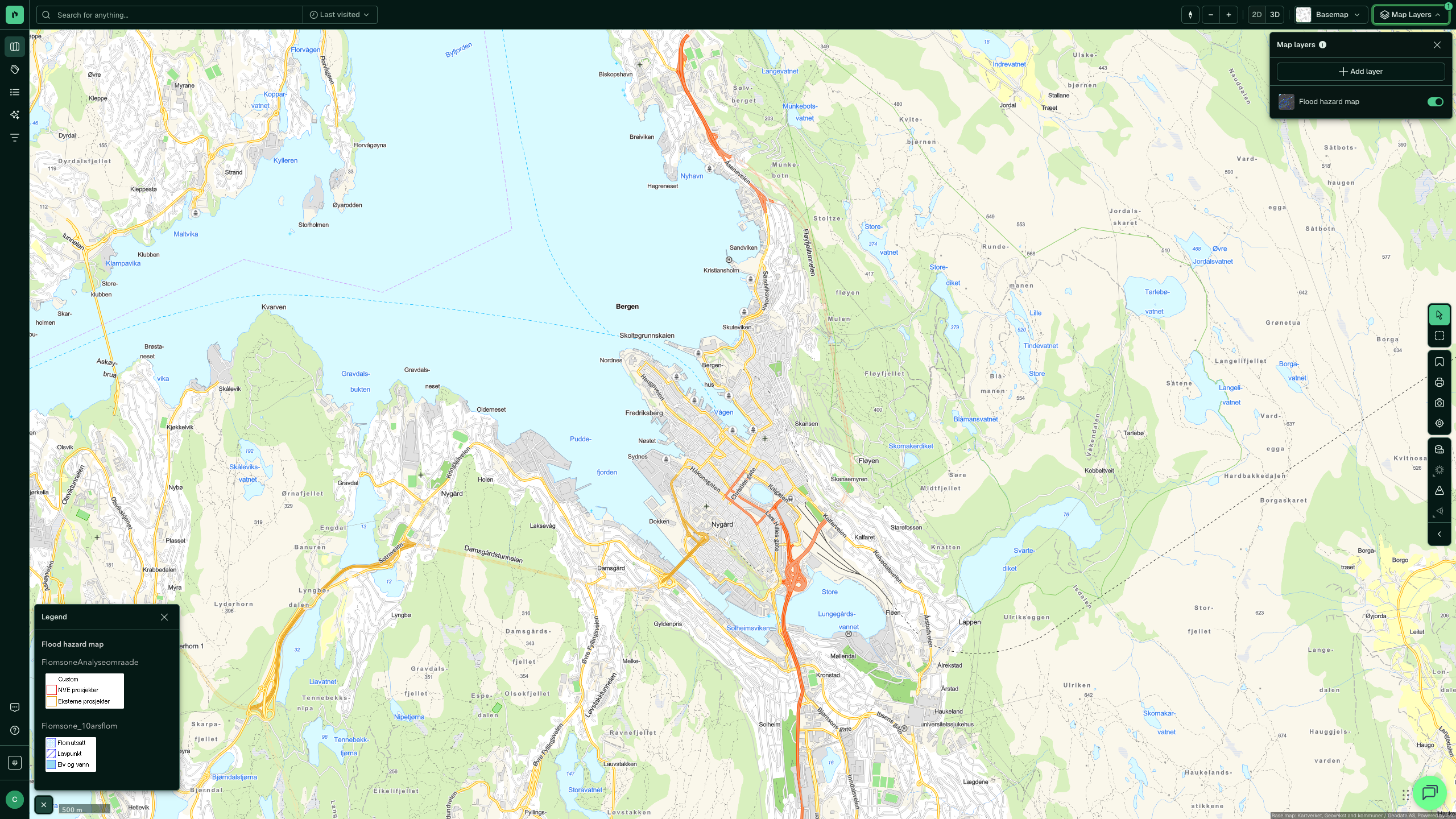The Zoning Plans map layer enabled over Bergen, with the area purposes in colour