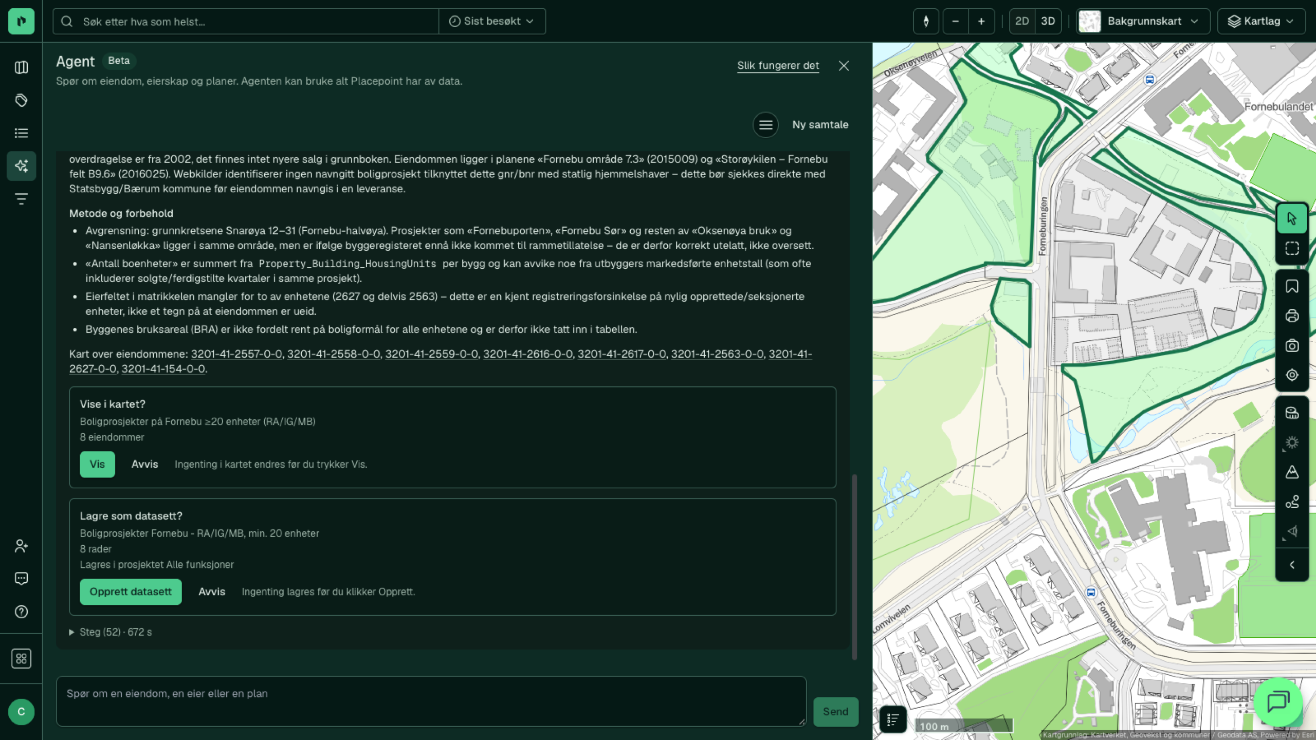 Slutten av svaret: atterhalda, og tilboda om å vise eigedommane i kartet og lagre dei som datasett