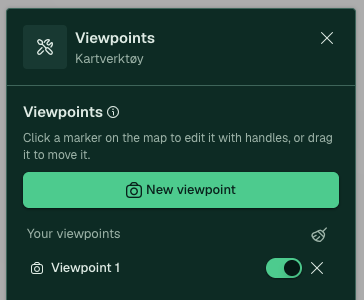 Utsiktspunkt-panelet med knappen New viewpoint og eitt lagra punkt i lista