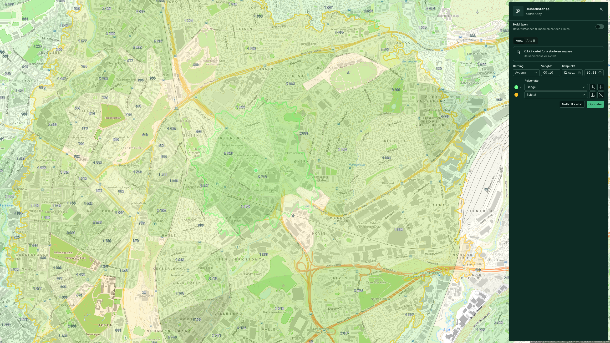 Dei to isokronane frå Lørenvangen 22 teikna over kartlaget Befolkning, med folketal per grunnkrets