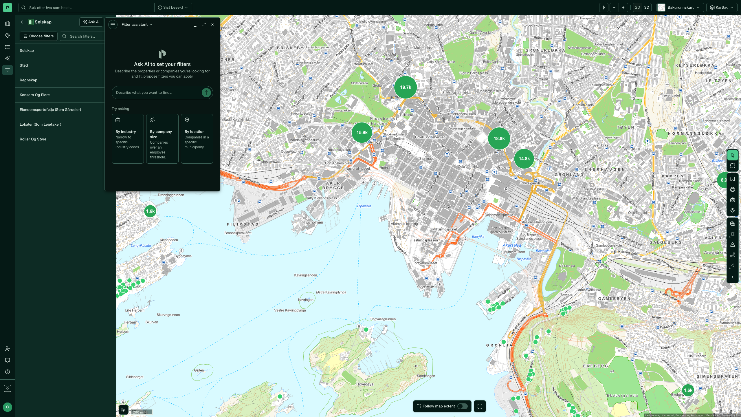 Filter assistant opna frå Ask AI, med forslaga under Try asking
