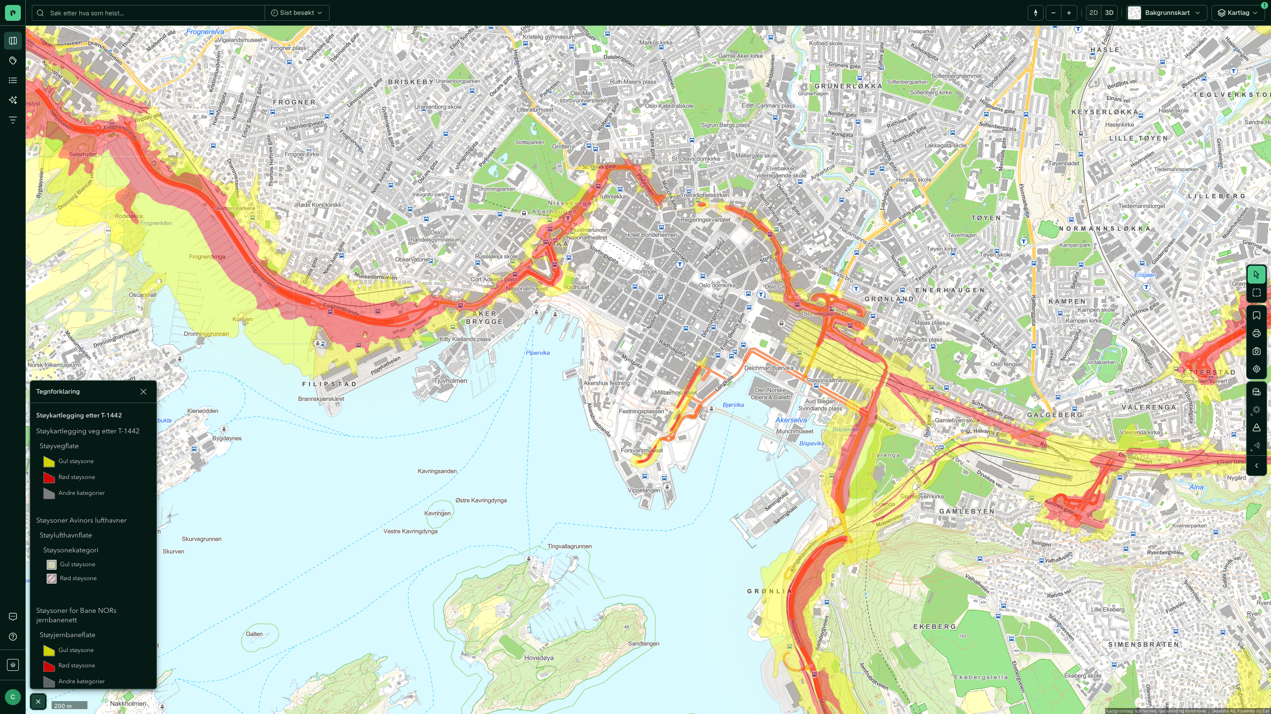 Teiknforklaringa for Støykartlegging etter T-1442, med gul og raud støysone for veg, luftfart og jernbane