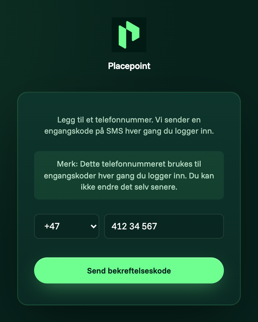 Førstegongs registrering av telefonnummer for tofaktor