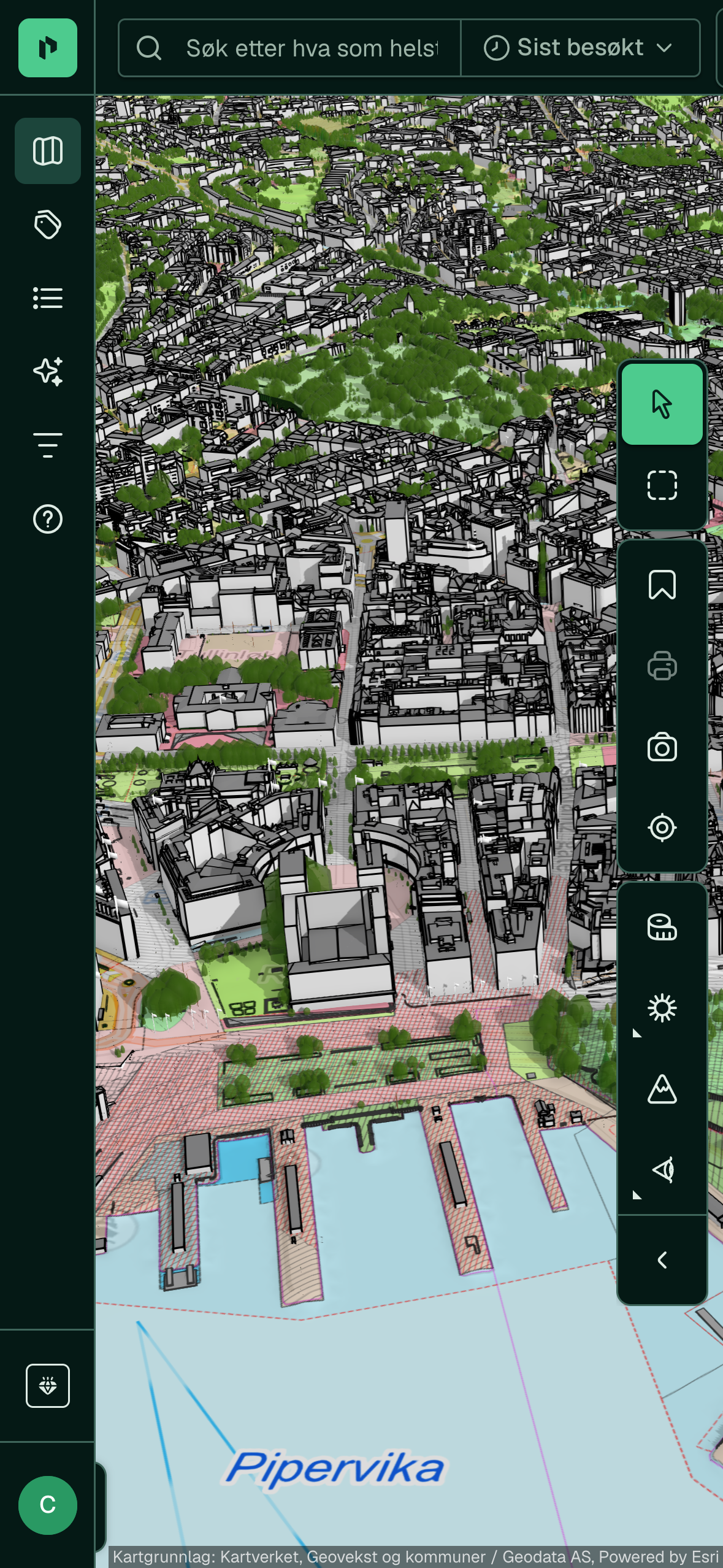 3D-kartet på iPhone: Rådhuset og Pipervika, utan panel