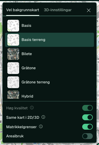 Bakgrunnskartveljaren open med liste over kart og brytarar
