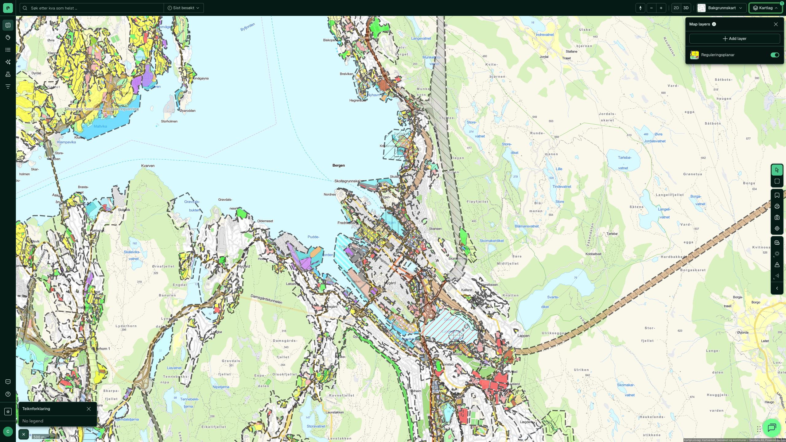 Kartlaget Reguleringsplanar aktivert over Bergen, med arealføremåla i fargar
