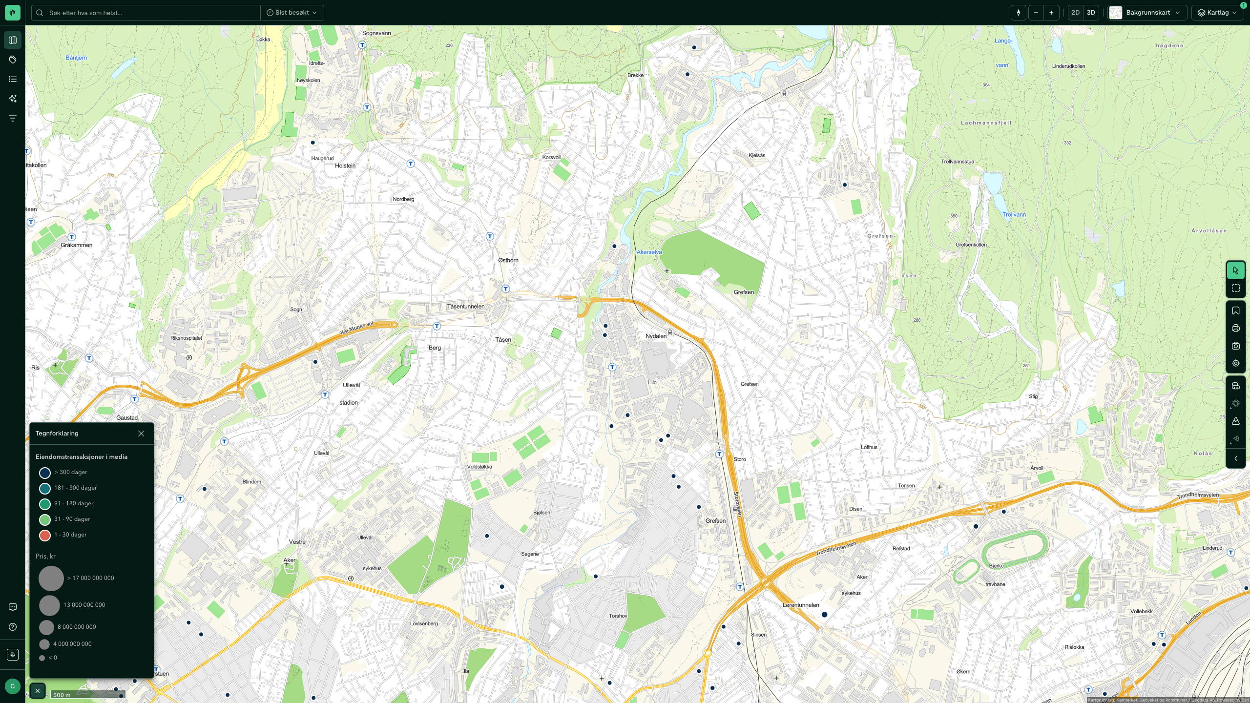 Eigedomstransaksjonar i media rundt Nydalen, farga etter alder og skalert etter pris