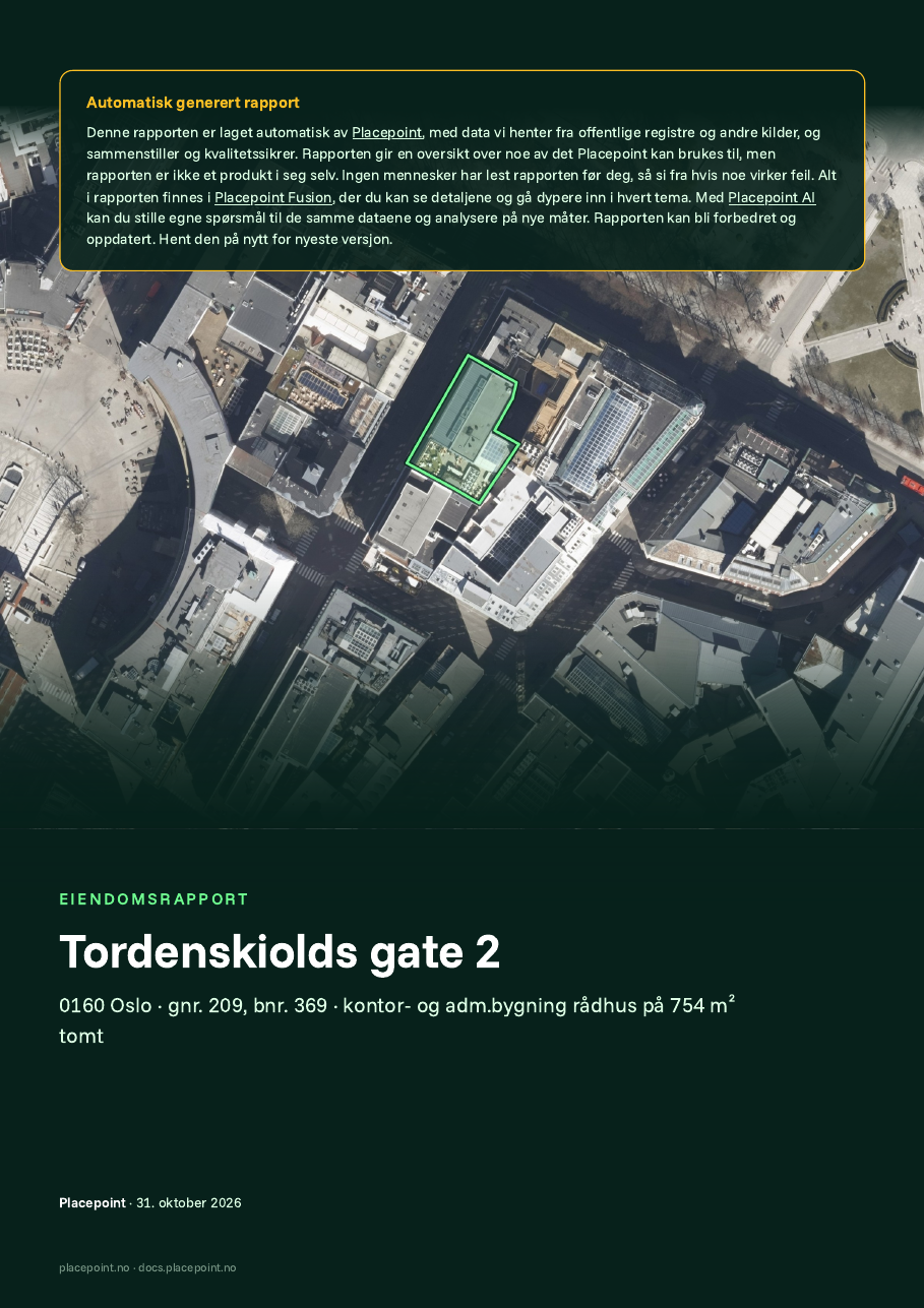Framsidan av Eiendomssjekk för Tordenskiolds gate 2 i Oslo, med flygfoto över kvarteret och tomtgränsen inritad