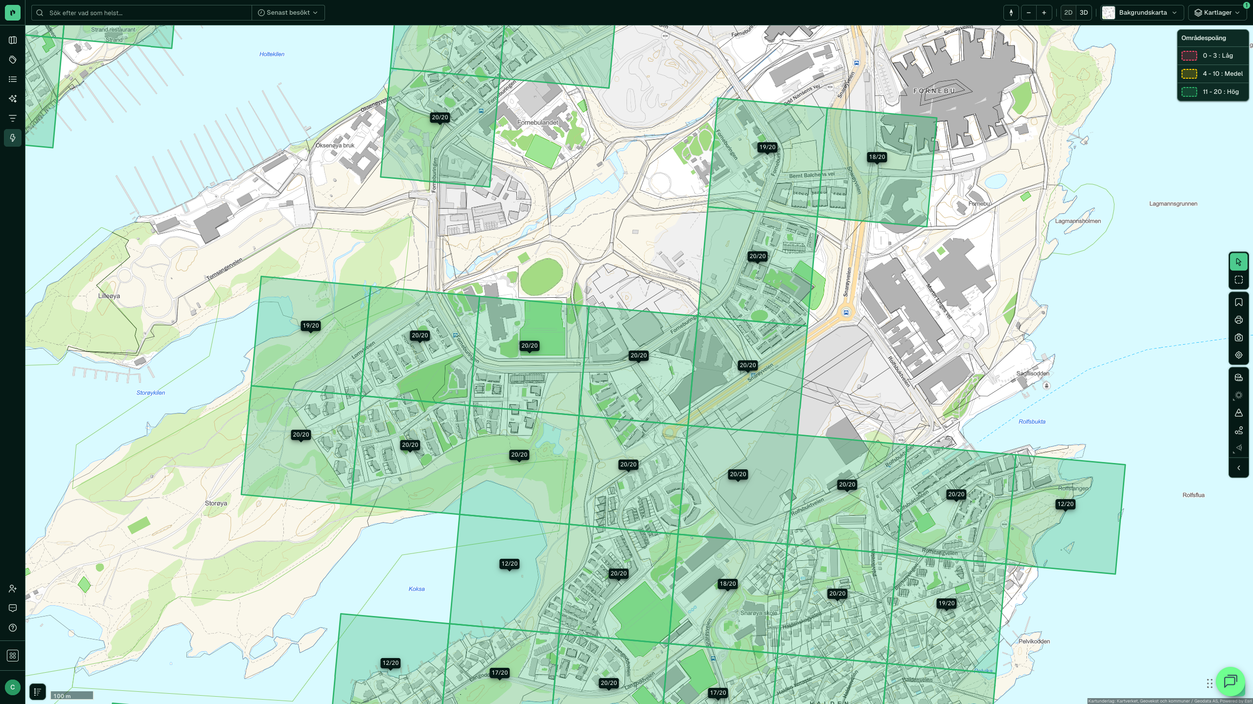 Områdespoäng över Barkarbystaden: rutnät med poängsumma per ruta och teckenförklaring