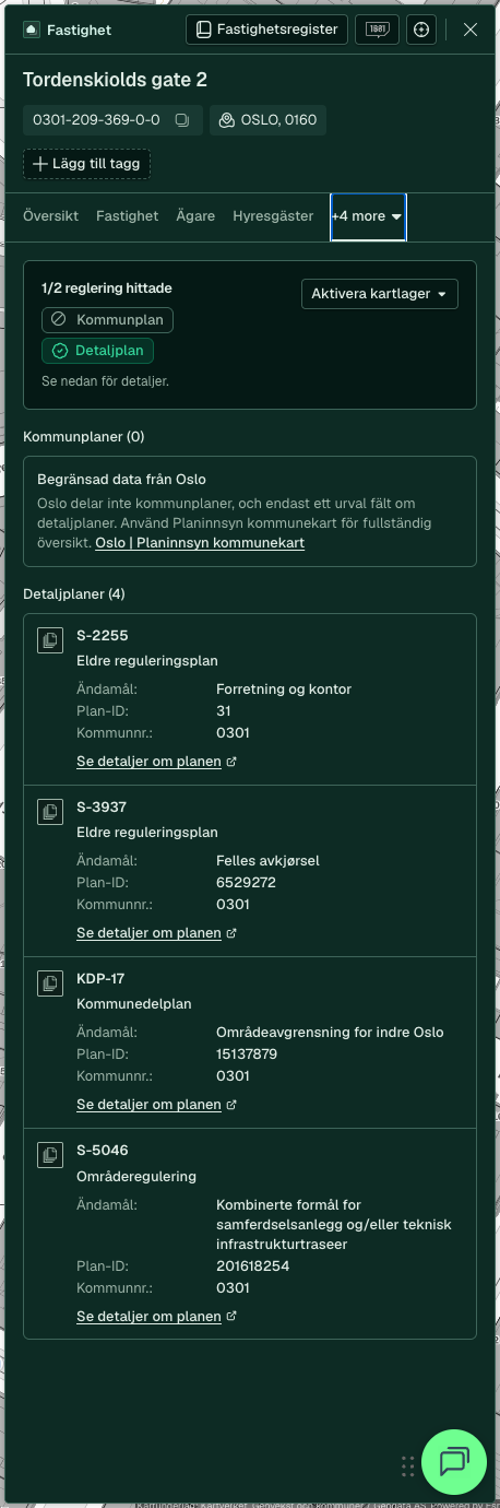 Fastighetspanel, fliken Planbestämmelser