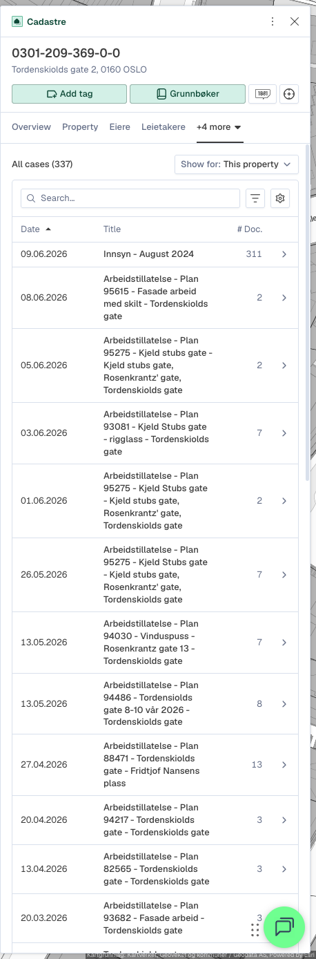 Fliken Ärendeinsyn öppen i fastighetspanelen
