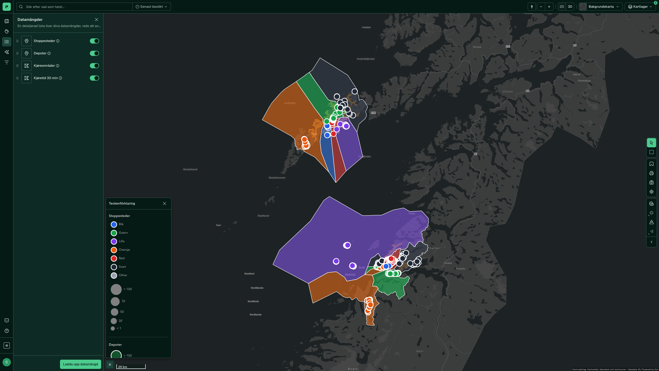 Körområden och körtidszoner i Lofoten och runt Bodø, med teckenförklaringen öppen