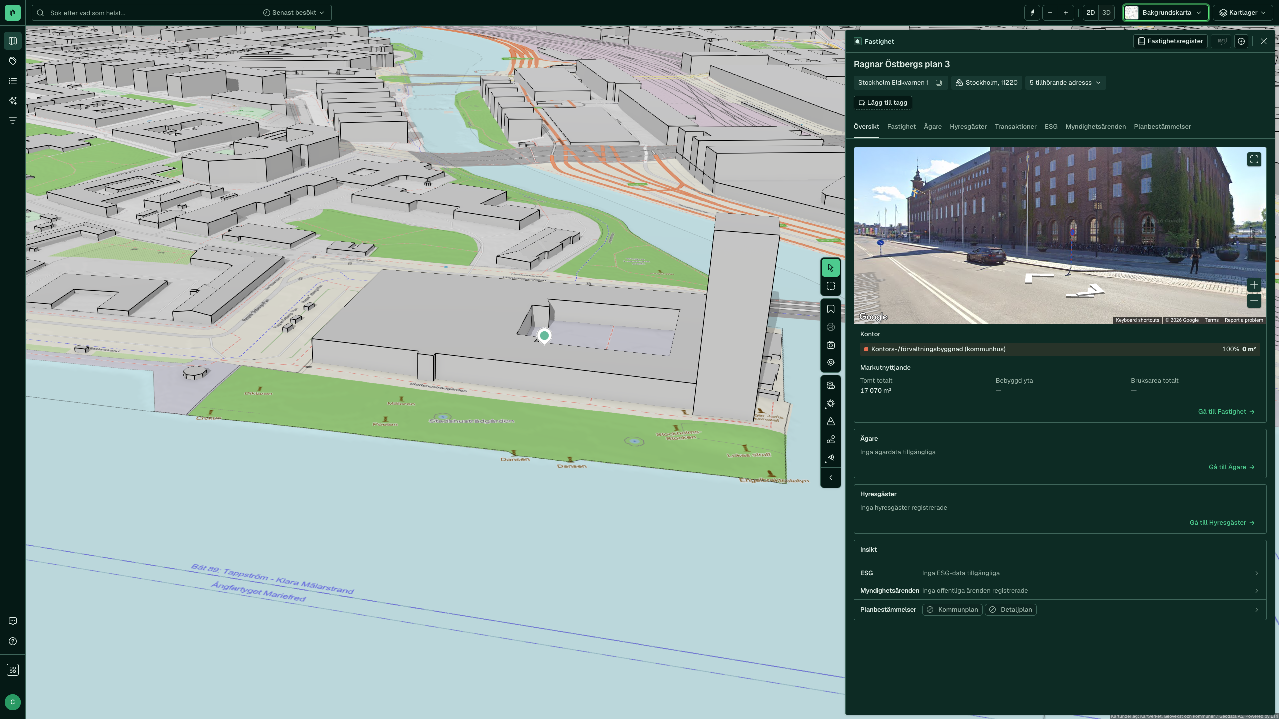 Placepoint Fusion i 3D över Stadshuset i Stockholm, med fastighetspanelen öppen