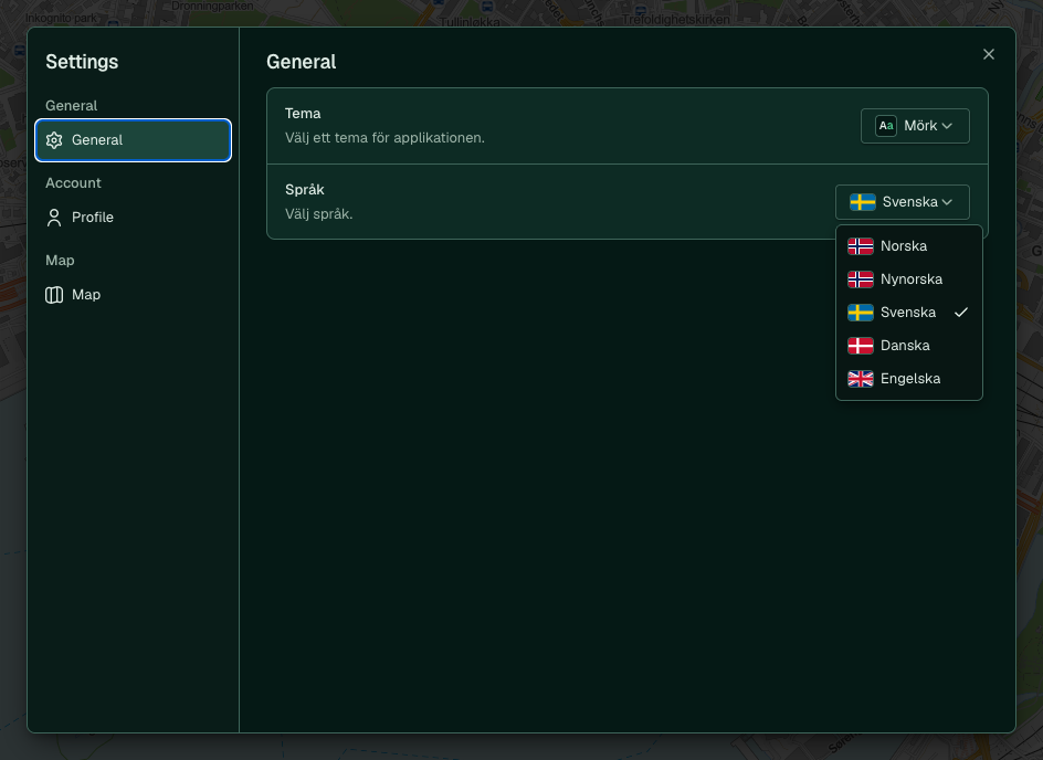 Språkvalet i fliken General