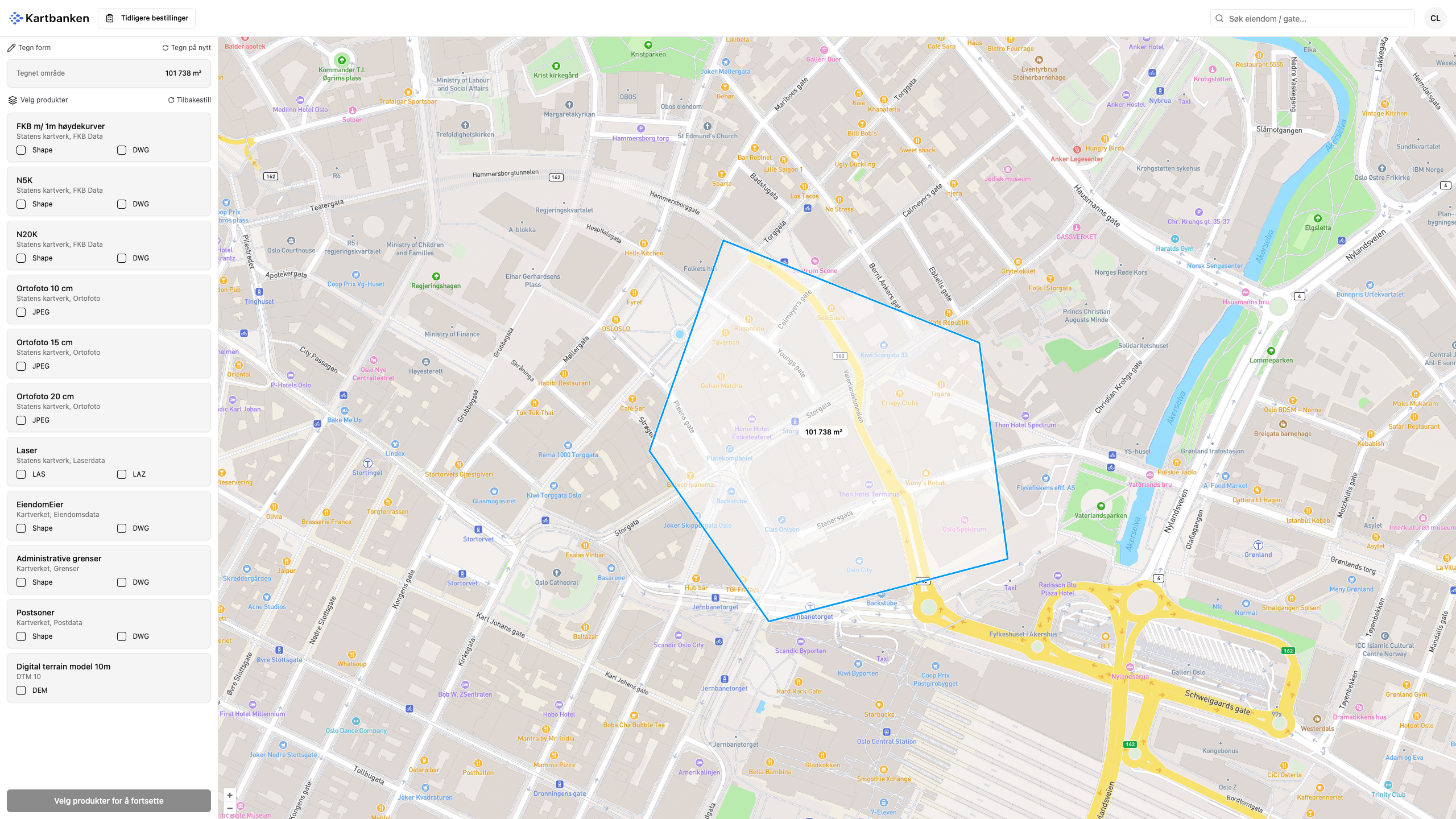 Ett ritat område på 101 738 m² runt Youngstorget i Oslo