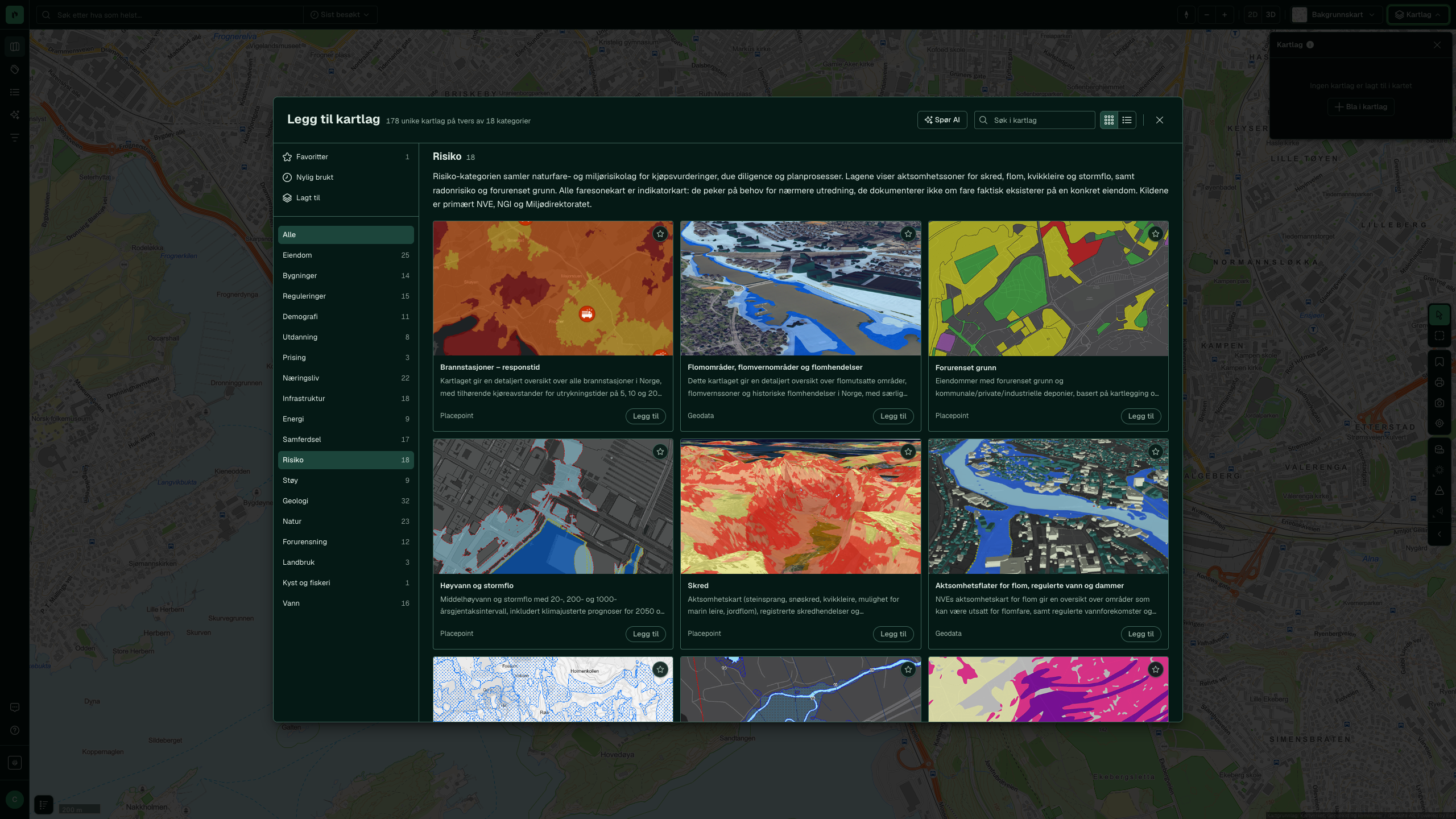 Risk-kategorin i katalogen, med inledningen om naturfara och miljörisk ovanför korten för brandstationer, översvämningsområden, förorenad mark, stormflod och ras och skred