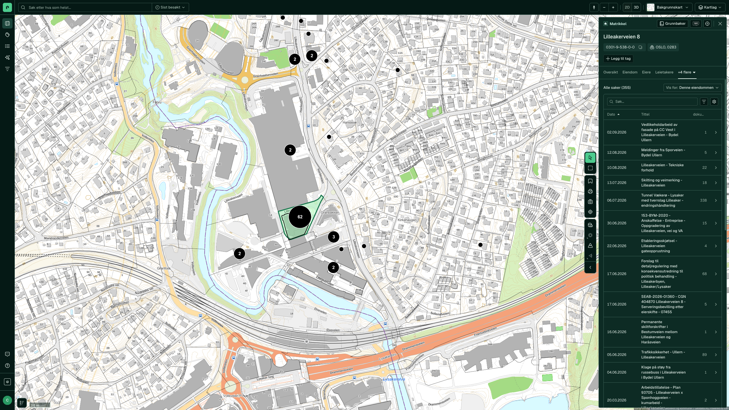 Myndighetsärenden för Lilleakerveien 8: 355 ärenden från Oslo kommunes arkiv, med datum, titel och antal dokument