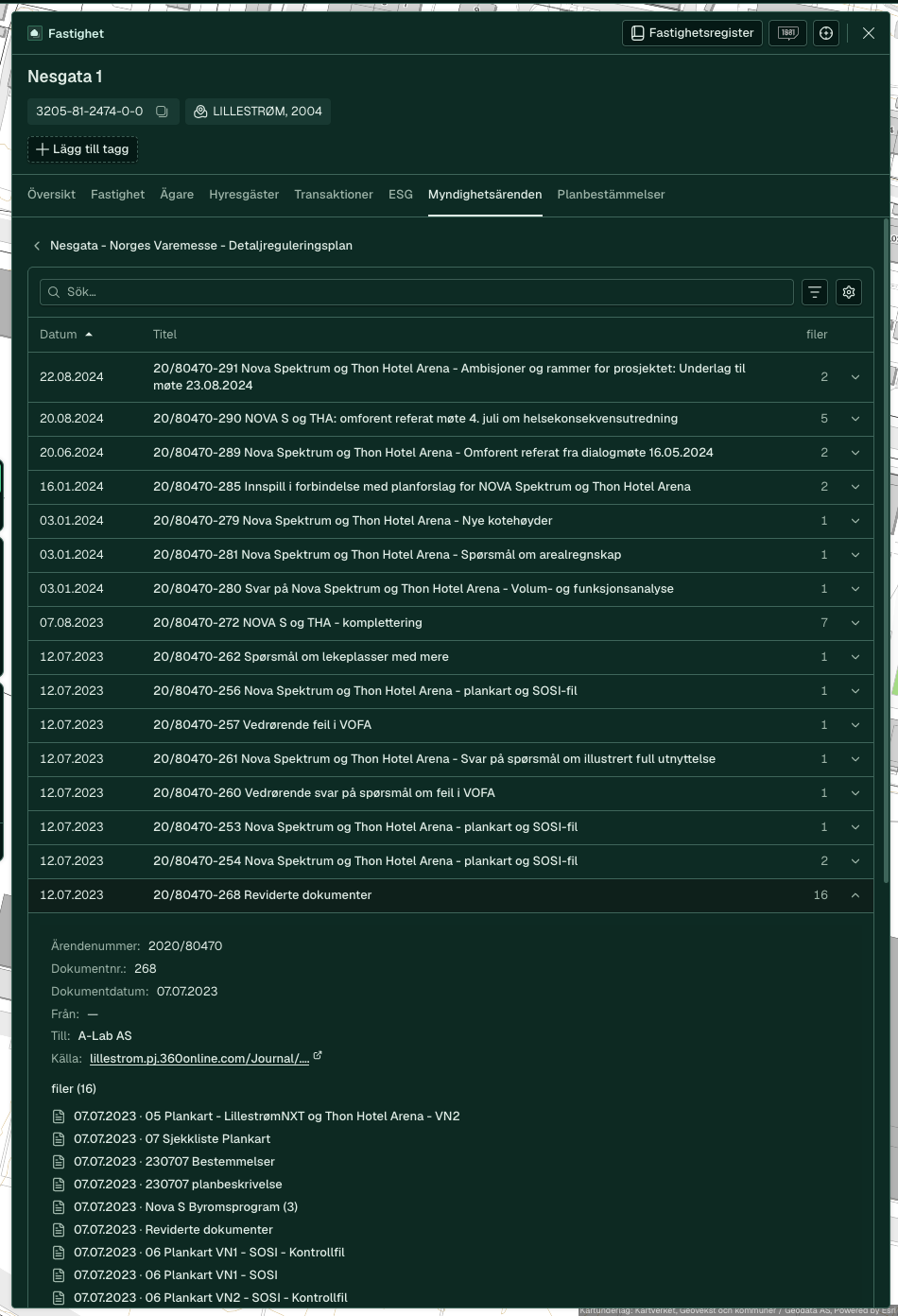 Ett dokument utfällt med metadata och sina filer