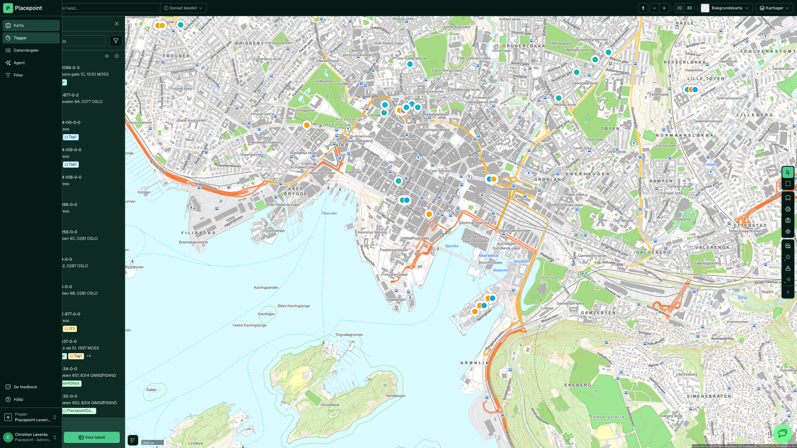 Taggar-panelen med taggade fastigheter