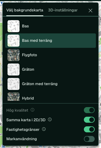 Väljaren för bakgrundskarta öppen med lista över kartor och reglage